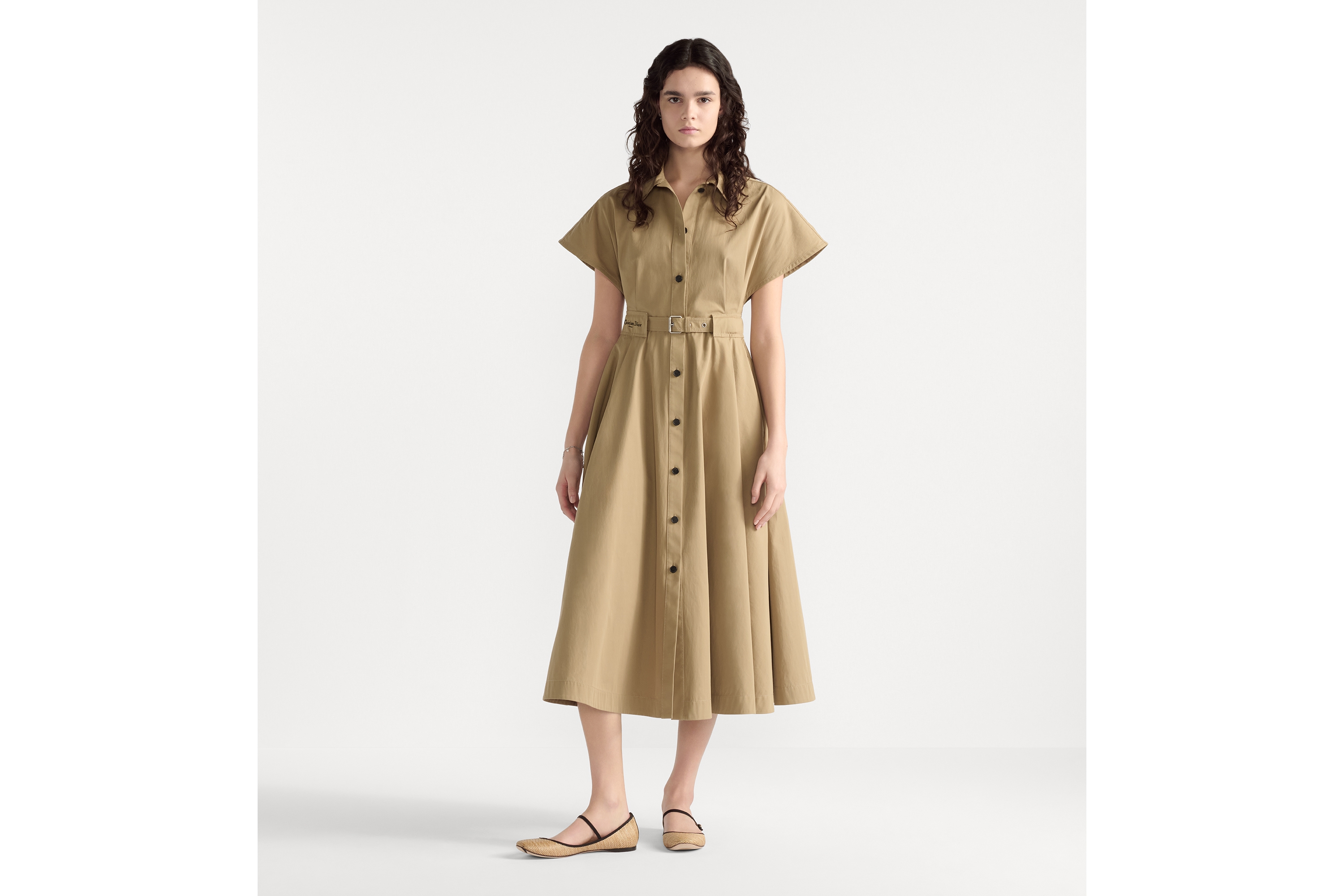 Look Dioriviera Mid-Length Belted Shirtdress Beige Cotton Gabardine E01