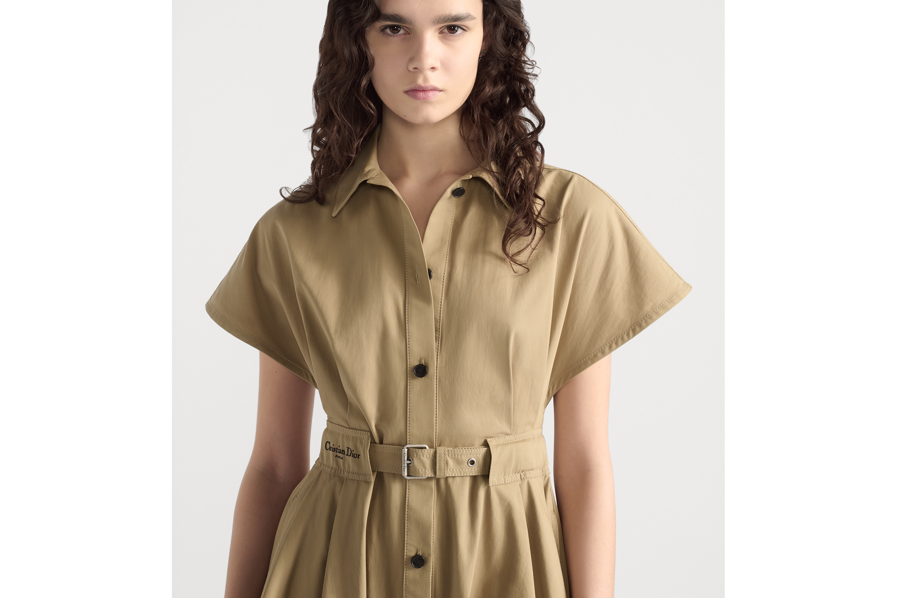 Look Dioriviera Mid-Length Belted Shirtdress Beige Cotton Gabardine E04