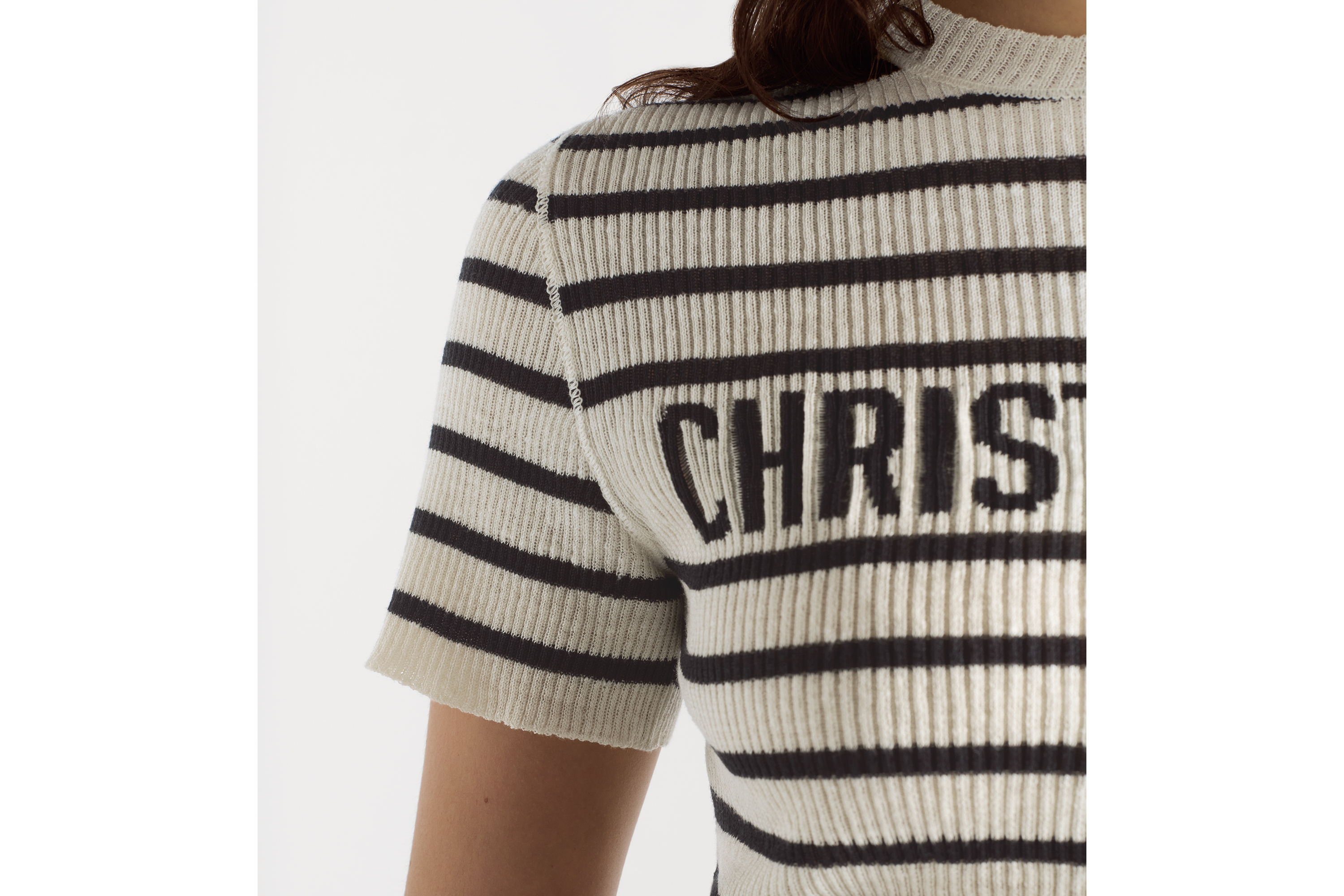 Look Dioriviera Cropped Short-Sleeved Sweater Ecru and Black D-Stripes Linen and Silk Stretch Knit E12