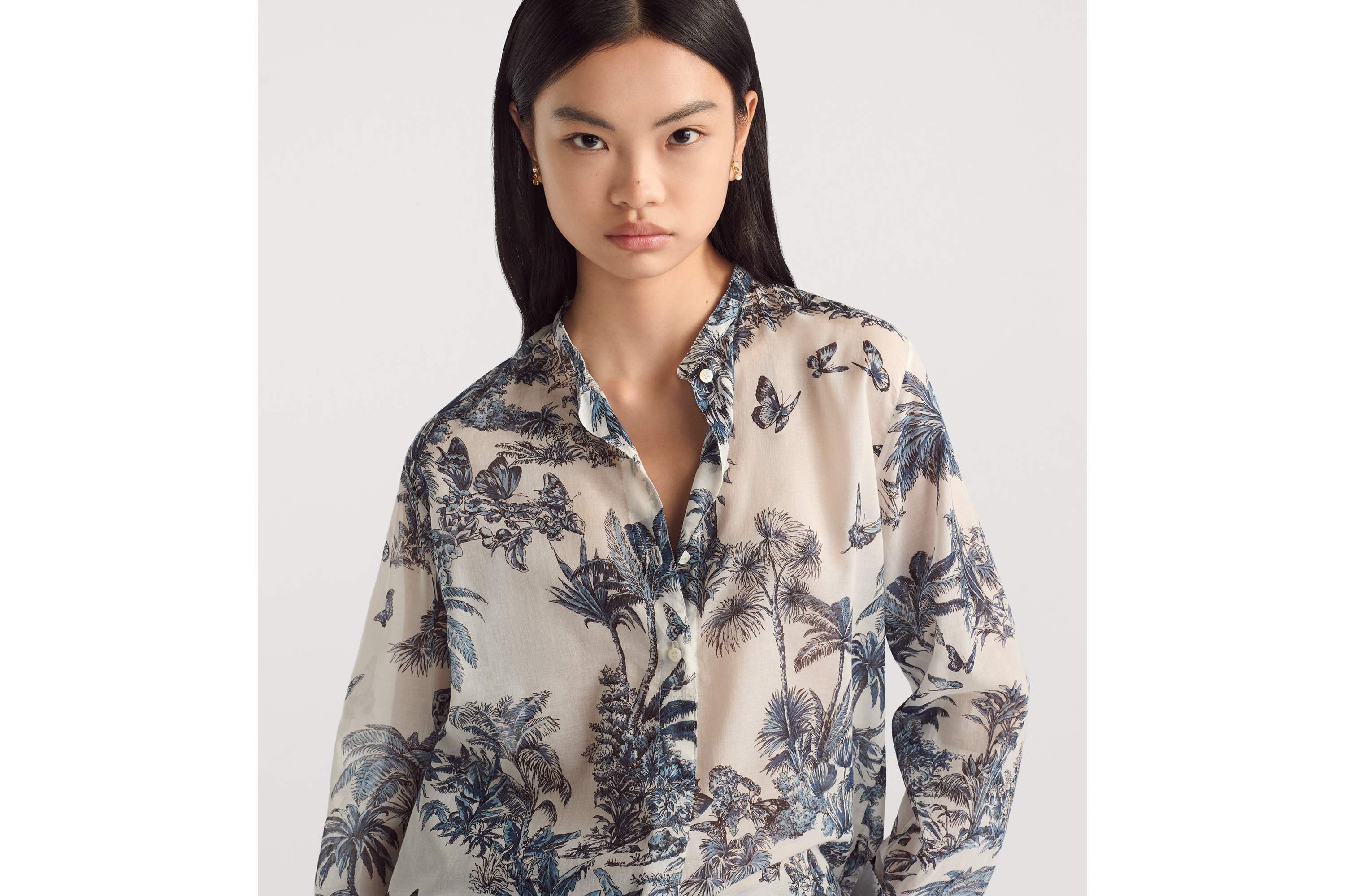 Look Dioriviera Long Blouse White and Blue Toile de Jouy Palms Cotton Muslin E04