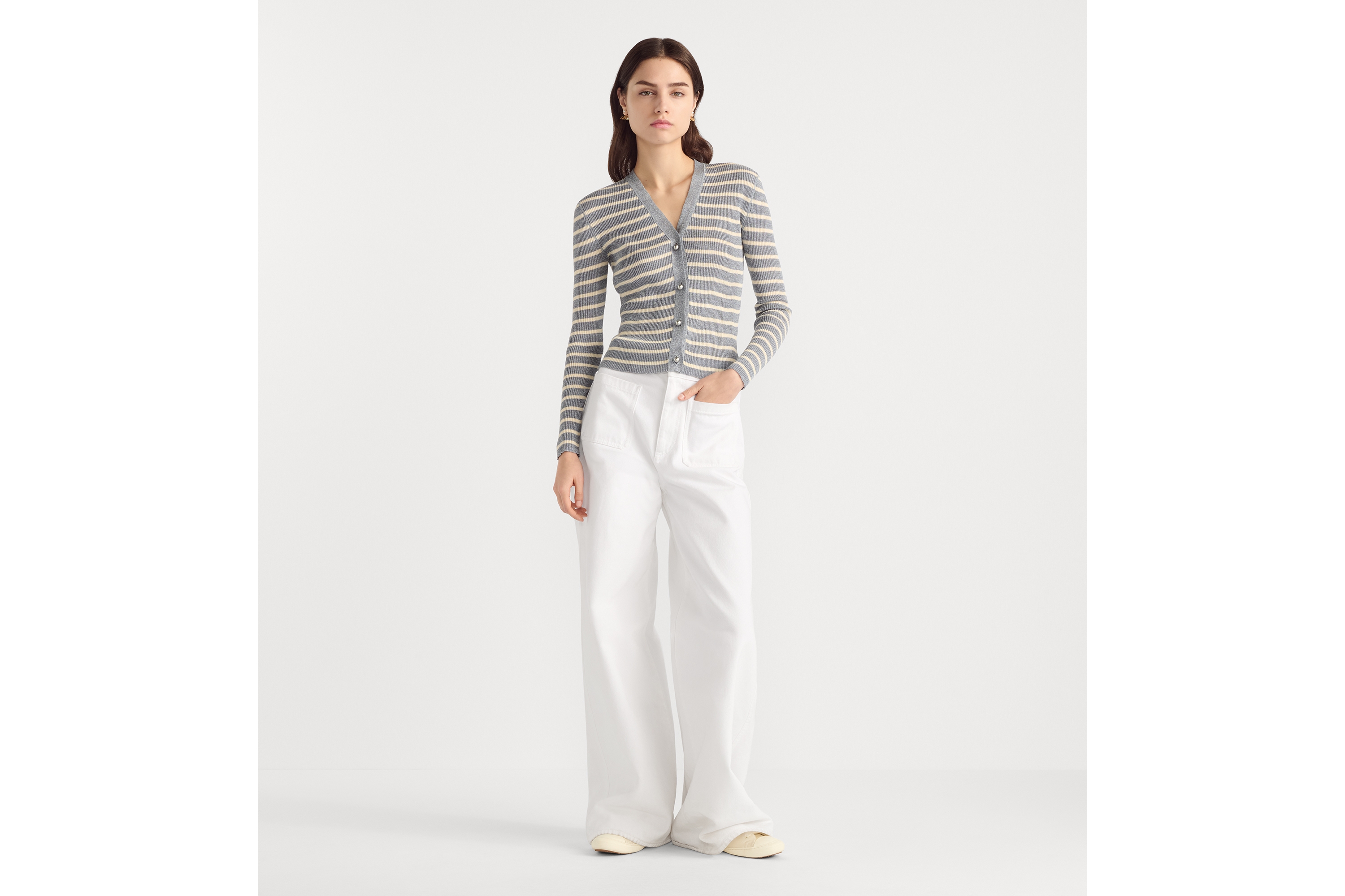 Look Dioriviera Cardigan Denim Blue and White D-Stripes Linen and Silk Stretch Knit E01