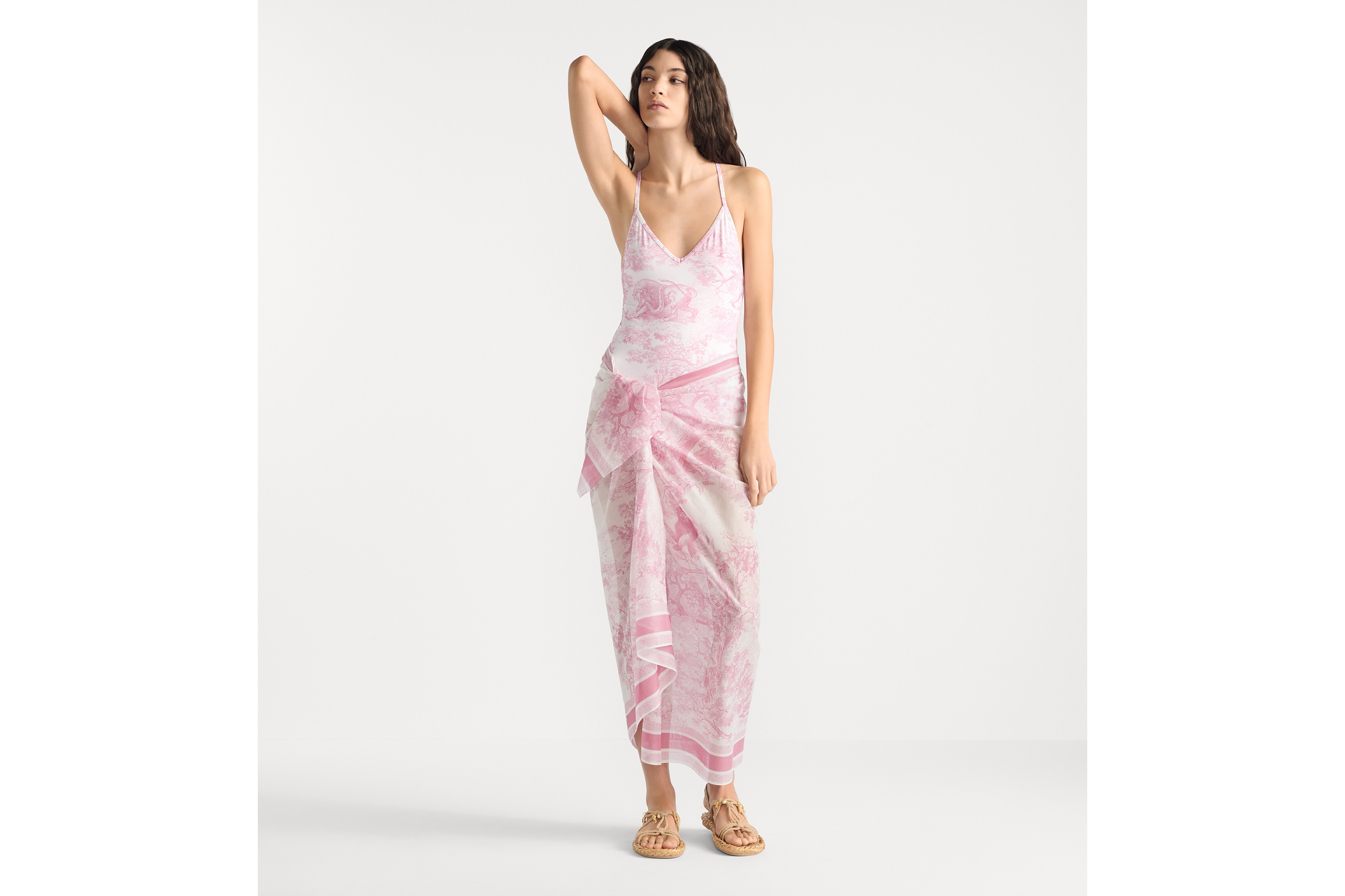 look_image_alt_prefix Dioriviera 원피스 수영복 화이트 테크니컬 패브릭 & 체리 블라썸 핑크 Toile de Jouy Sauvage 모티브 E01