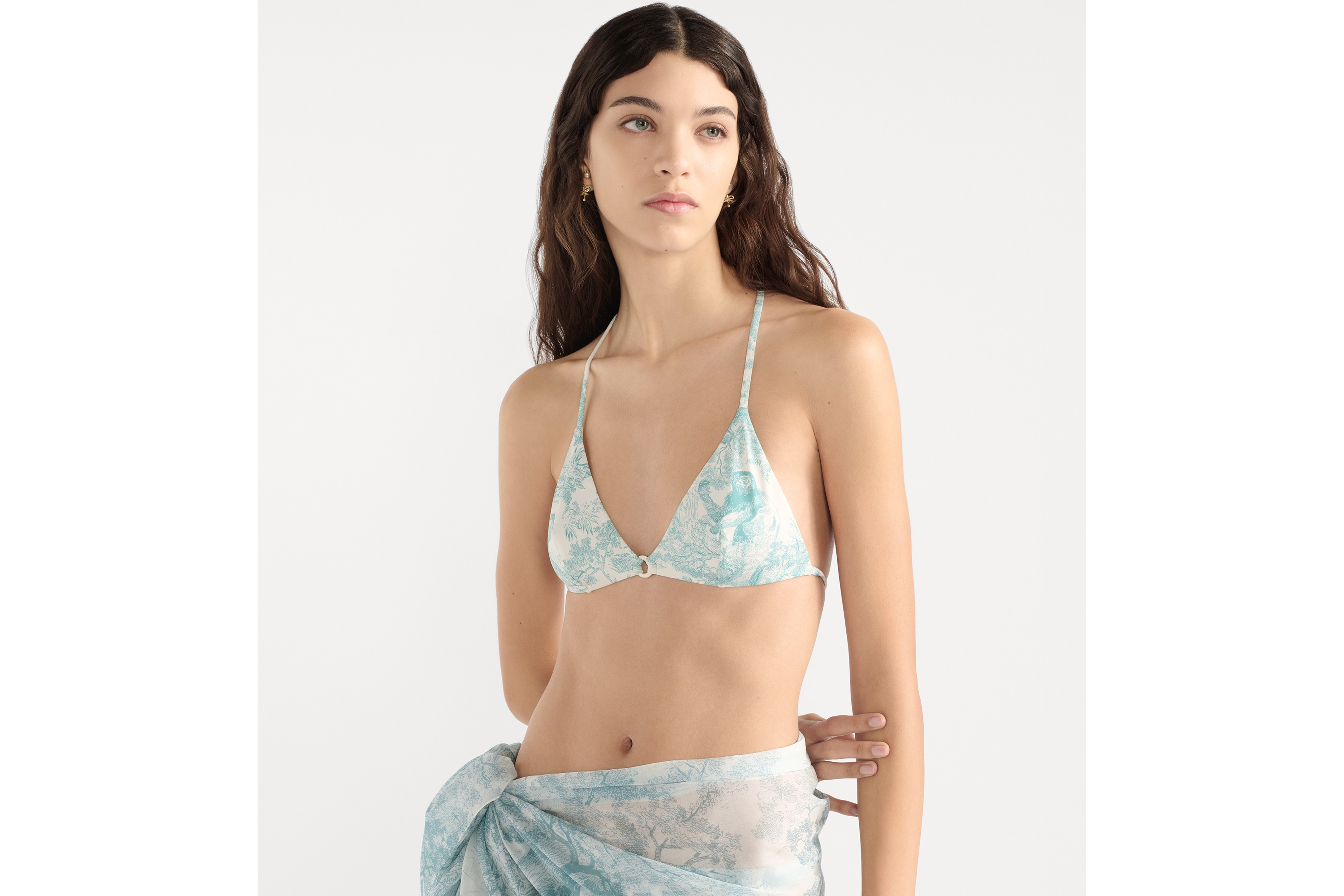Dioriviera Bikini Top White Technical Fabric with Lily of the Valley Green Toile de Jouy Sauvage Motif E04