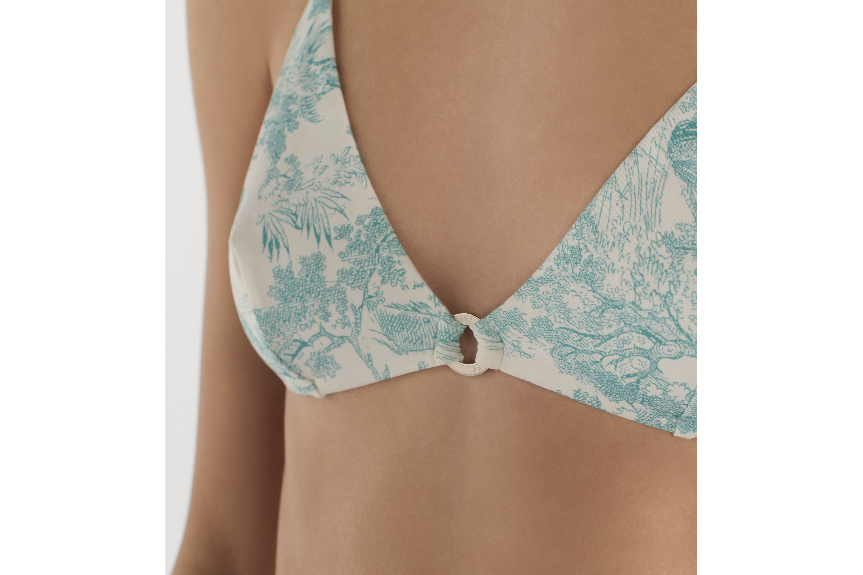 Dioriviera Bikini Top White Technical Fabric with Lily of the Valley Green Toile de Jouy Sauvage Motif E12