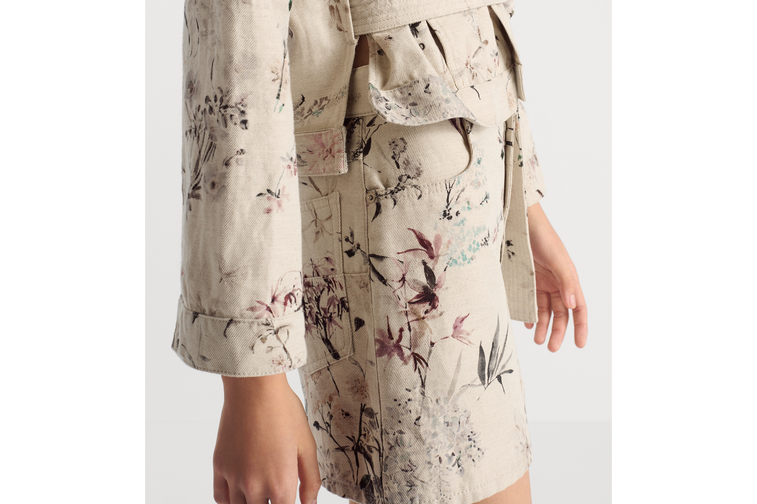 Look Miniskirt Beige Cotton and Linen Denim with Multicolor Millefiori Motif E11