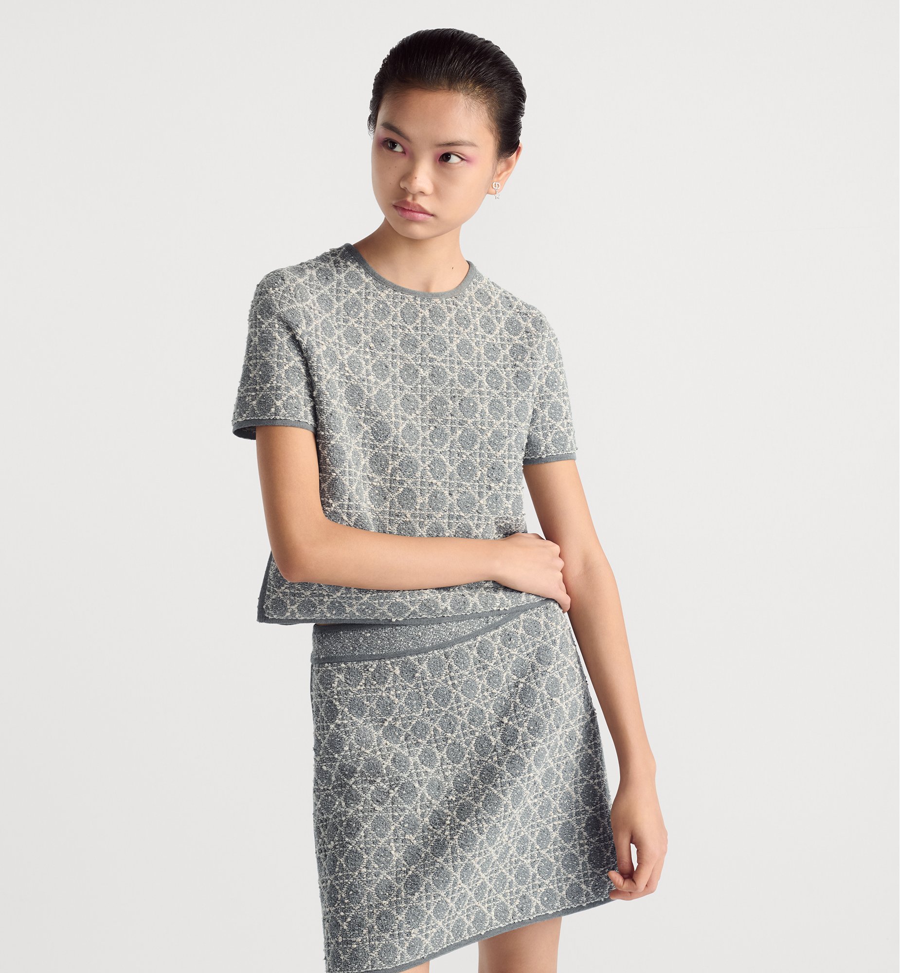 Macrocannage Short-Sleeved Top Gray Cotton-Blend Tweed Knit Macrocannage Short-Sleeved Top Gray Cotton-Blend Tweed Knit