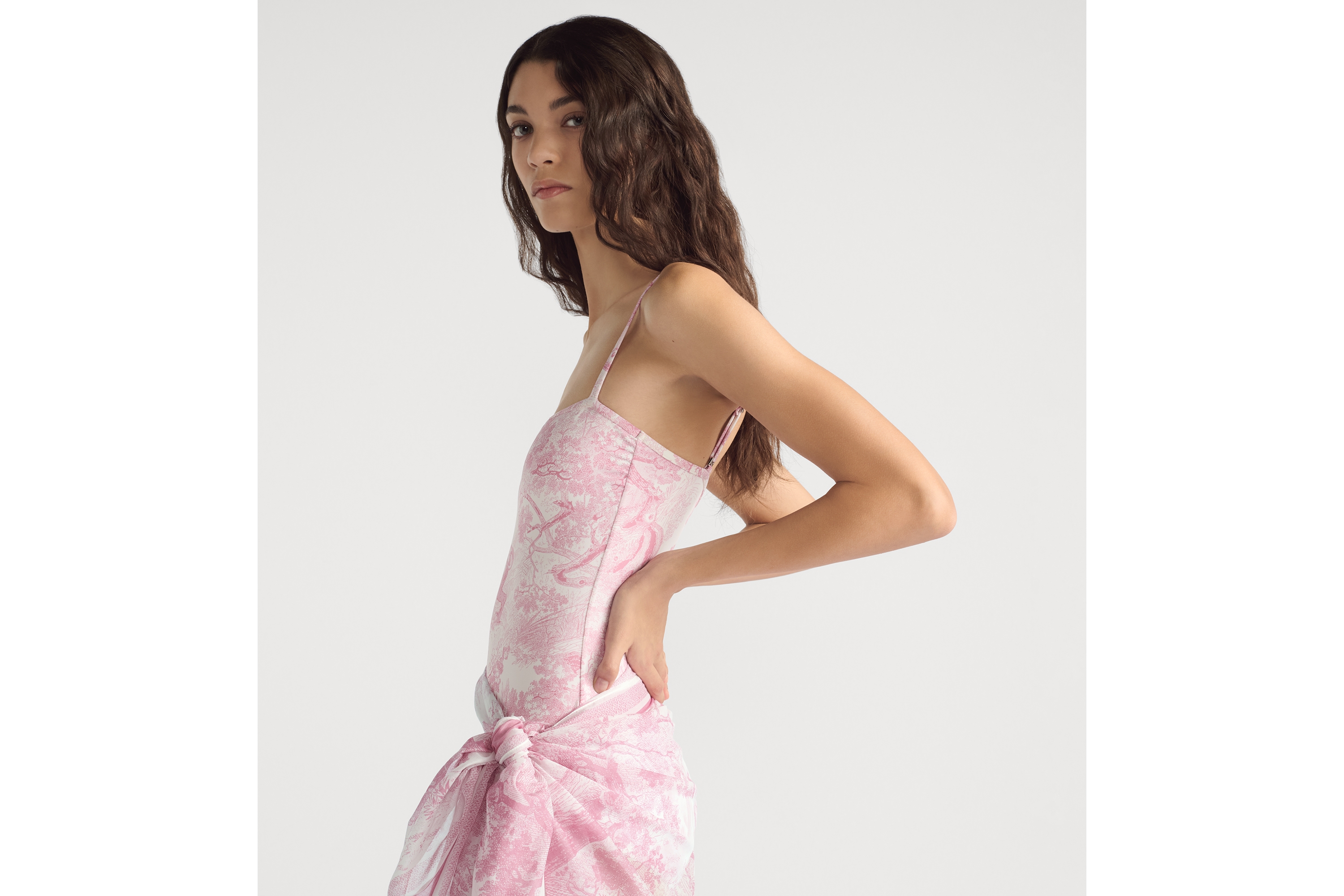 Dioriviera One-Piece Swimsuit White Technical Fabric with Cherry Blossom Pink Toile de Jouy Sauvage Motif E05