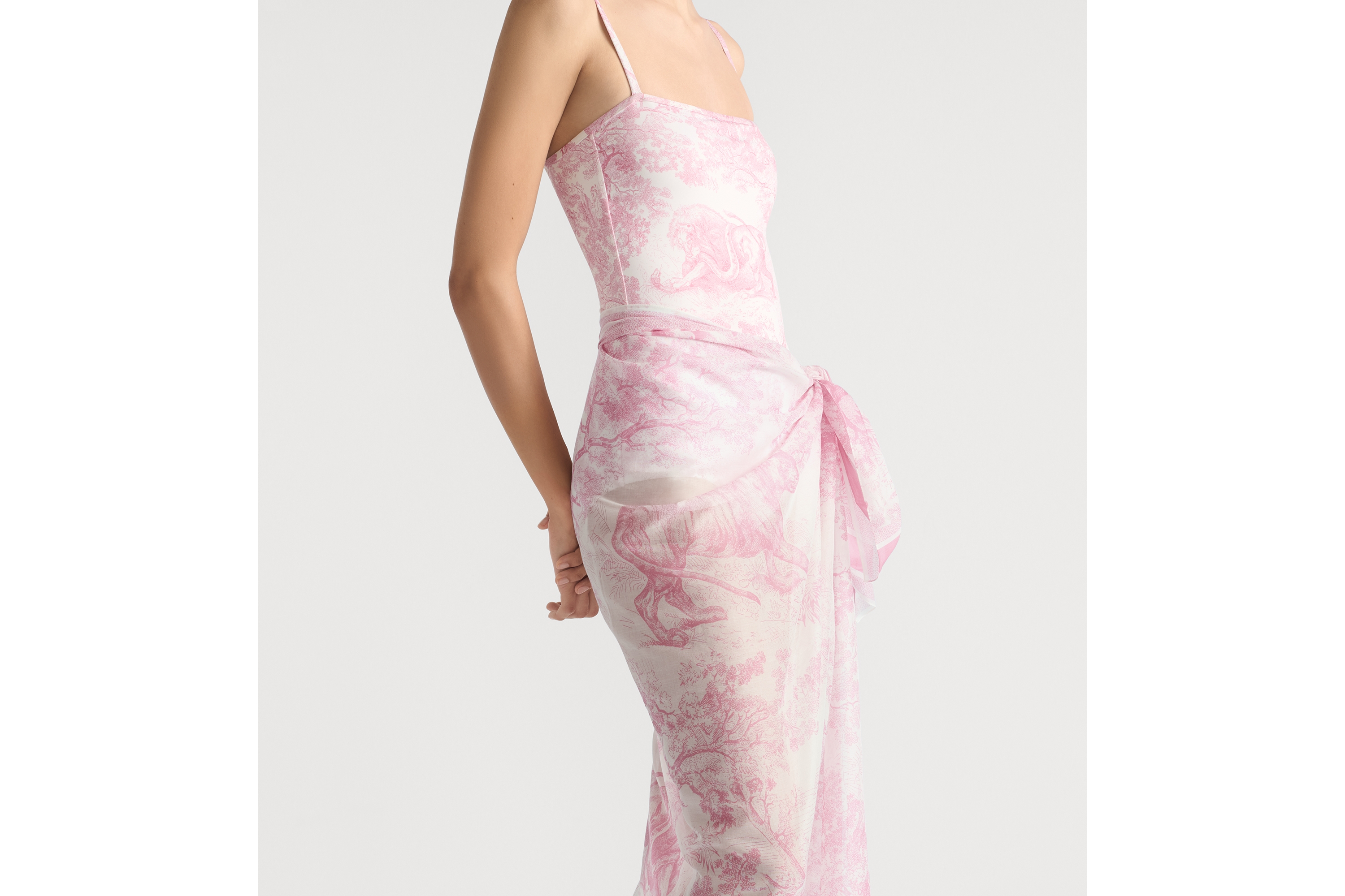 Look Dioriviera One-Piece Swimsuit White Technical Fabric with Cherry Blossom Pink Toile de Jouy Sauvage Motif E11