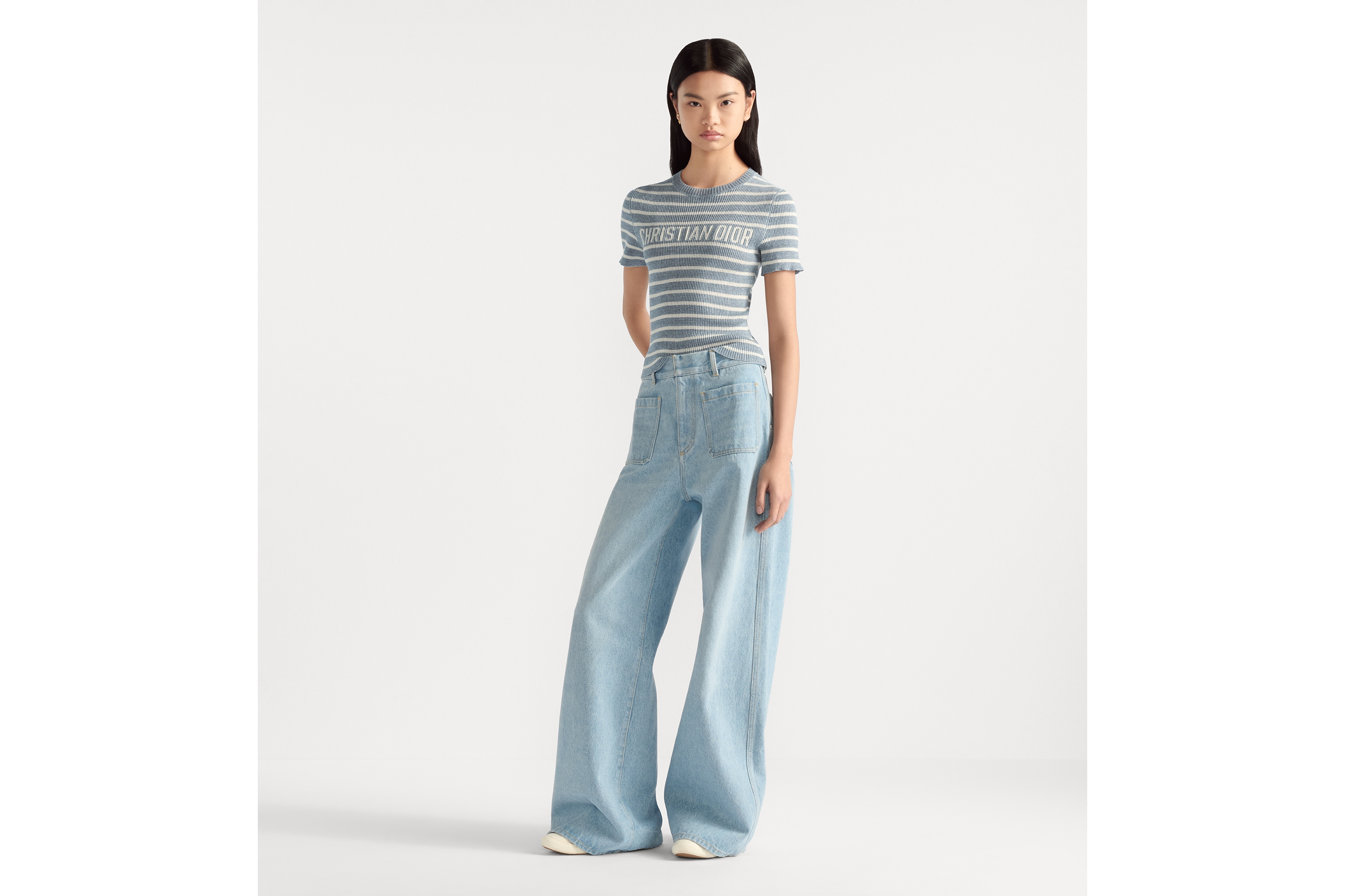 Look Dioriviera Cropped Short-Sleeved Sweater Denim Blue and White D-Stripes Linen and Silk Stretch Knit E01