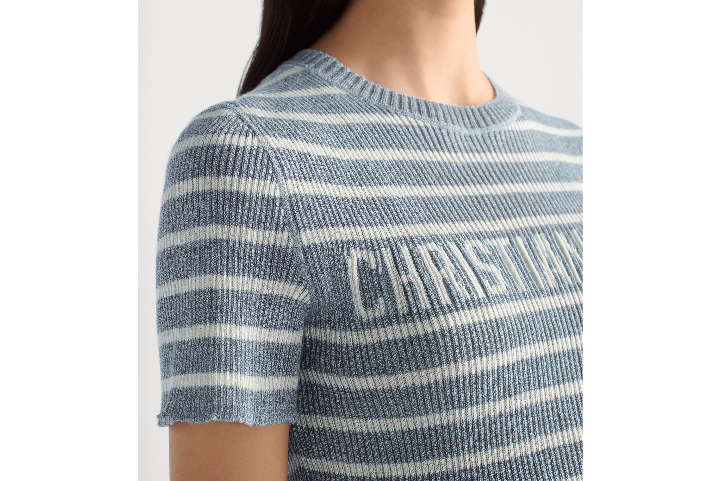 Look Dioriviera Cropped Short-Sleeved Sweater Denim Blue and White D-Stripes Linen and Silk Stretch Knit E12