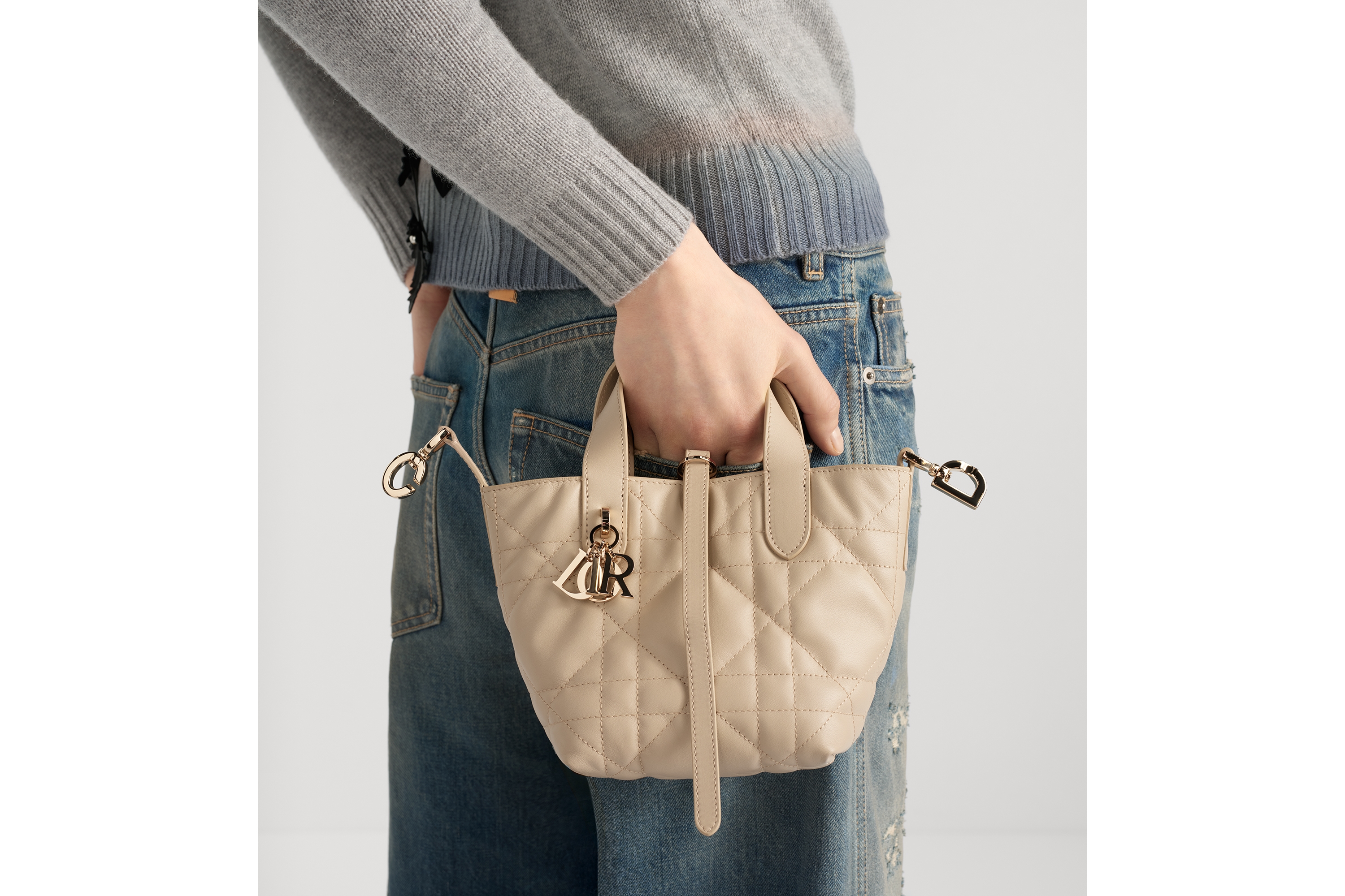 Look Nano sac cabas vertical Dior Toujours Cuir de veau Macrocannage beige poudre E11