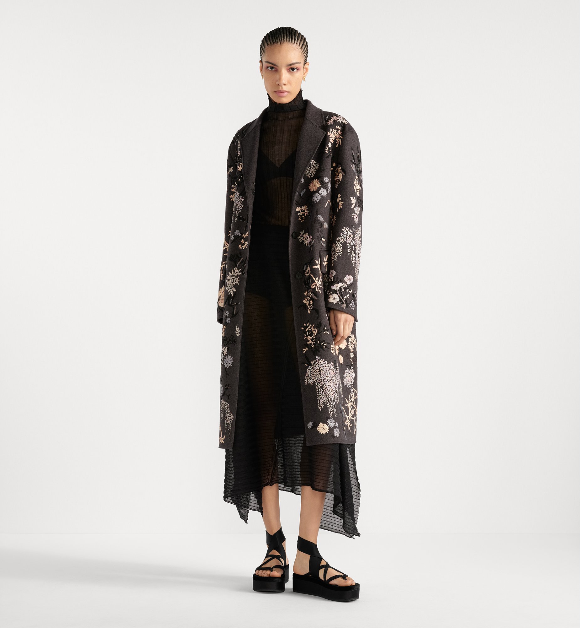 Embroidered Coat Black Double-Sided Virgin Wool and Angora Embroidered Coat Black Double-Sided Virgin Wool and Angora
