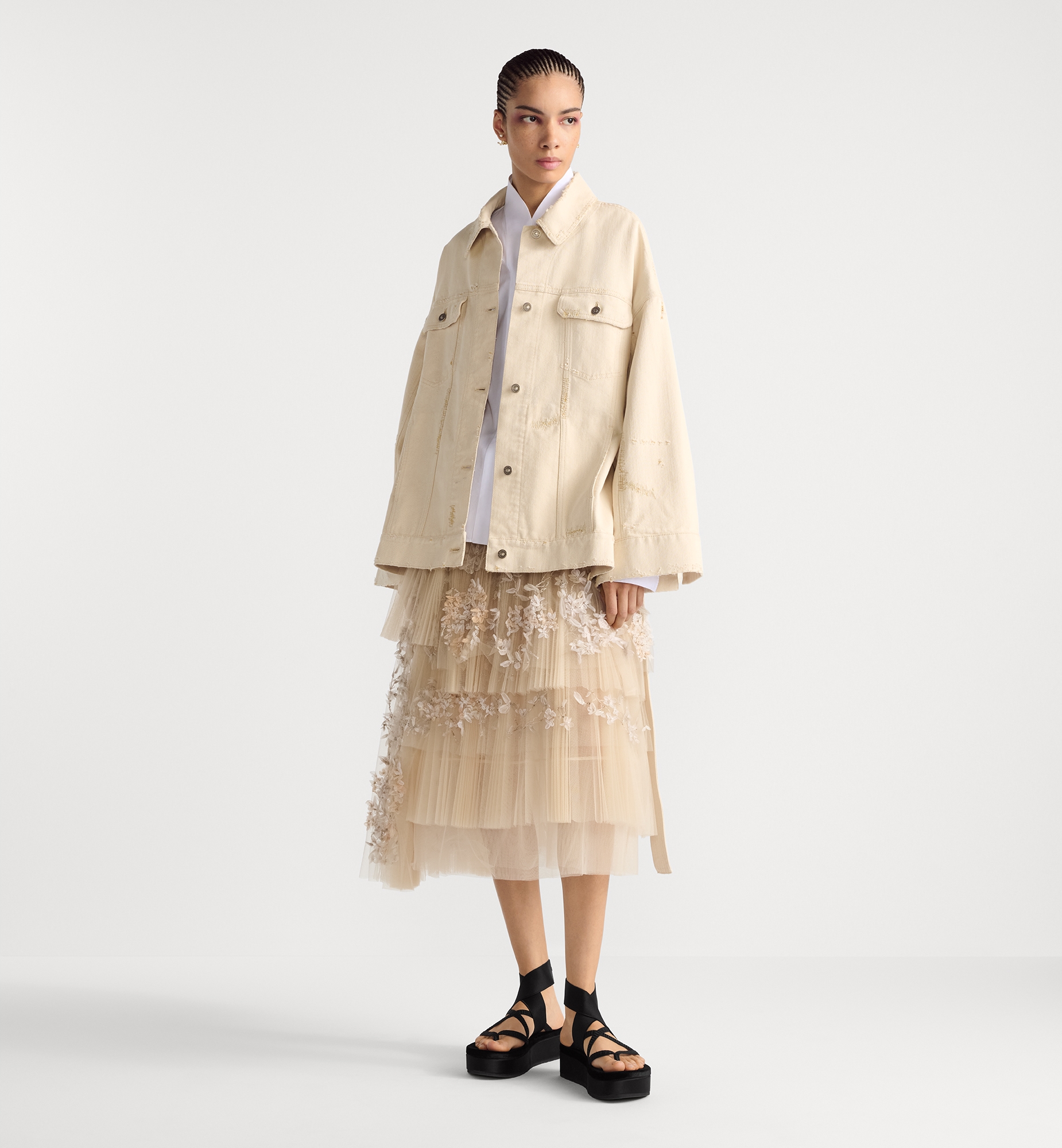 Mid-Length Asymmetric Pleated Embroidered Skirt Beige Tulle Mid-Length Asymmetric Pleated Embroidered Skirt Beige Tulle