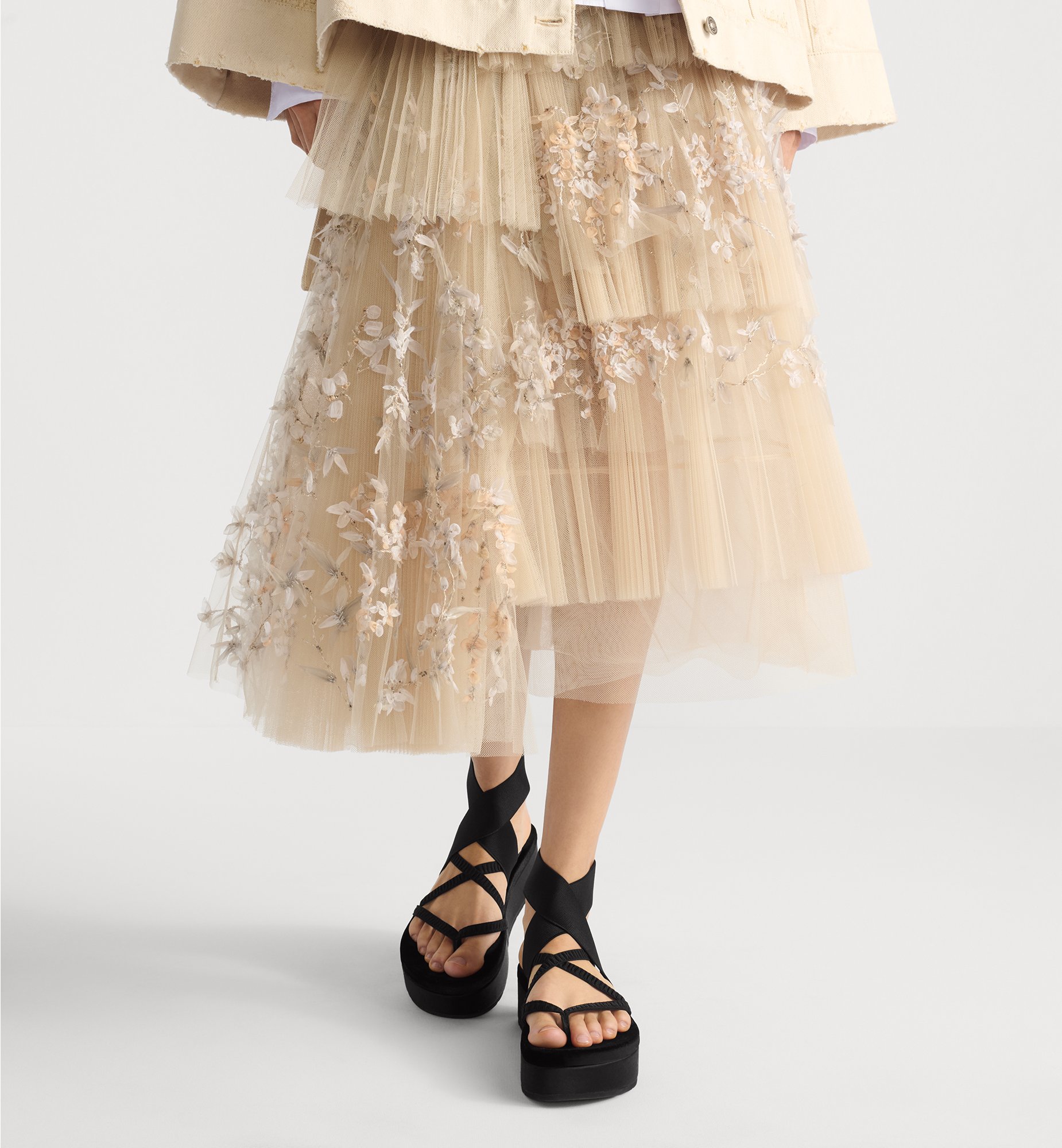 Mid-Length Asymmetric Pleated Embroidered Skirt Beige Tulle Mid-Length Asymmetric Pleated Embroidered Skirt Beige Tulle