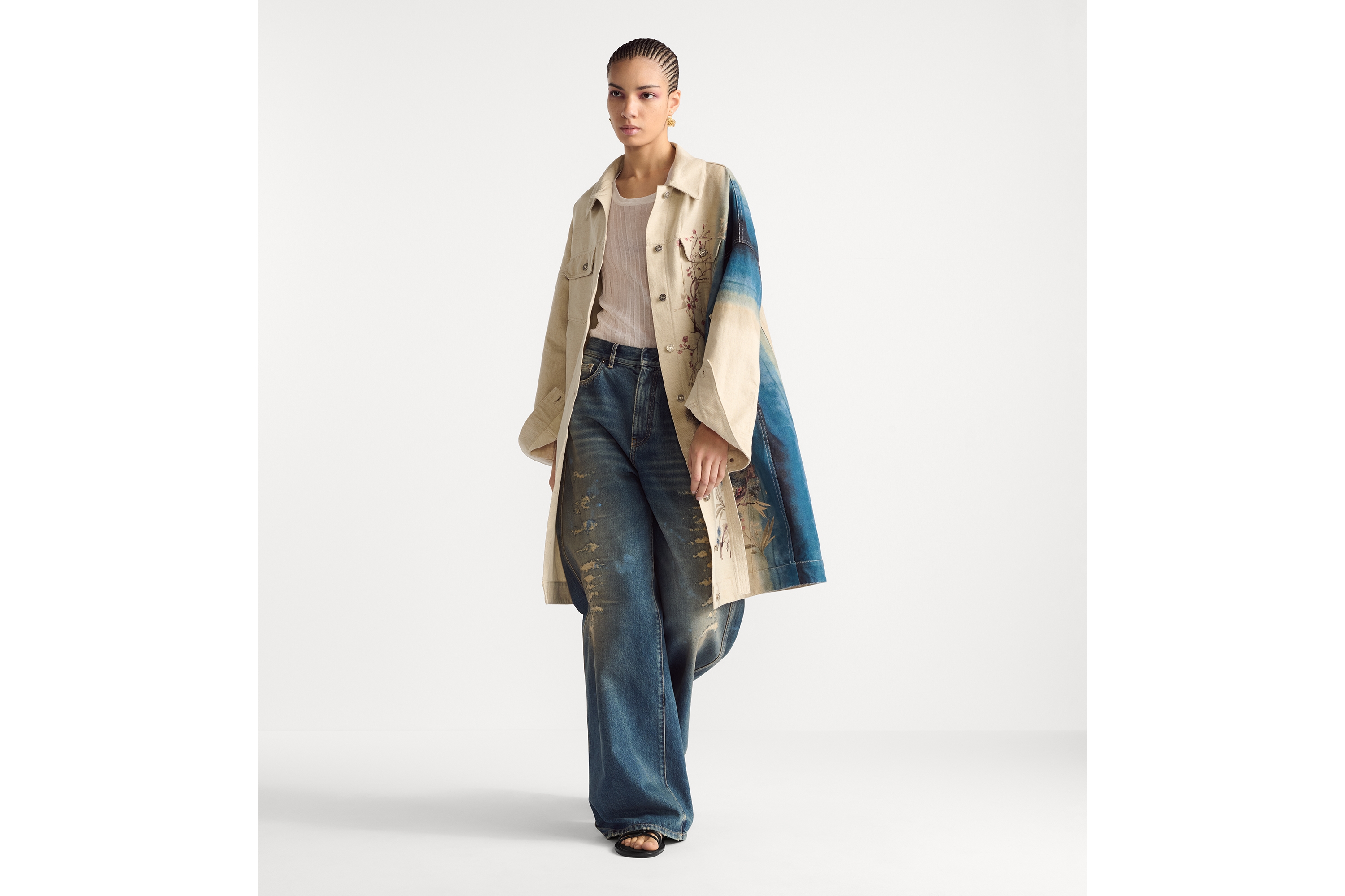 喇叭牛仔褲 藍色復古效果石洗棉質牛仔布 E17