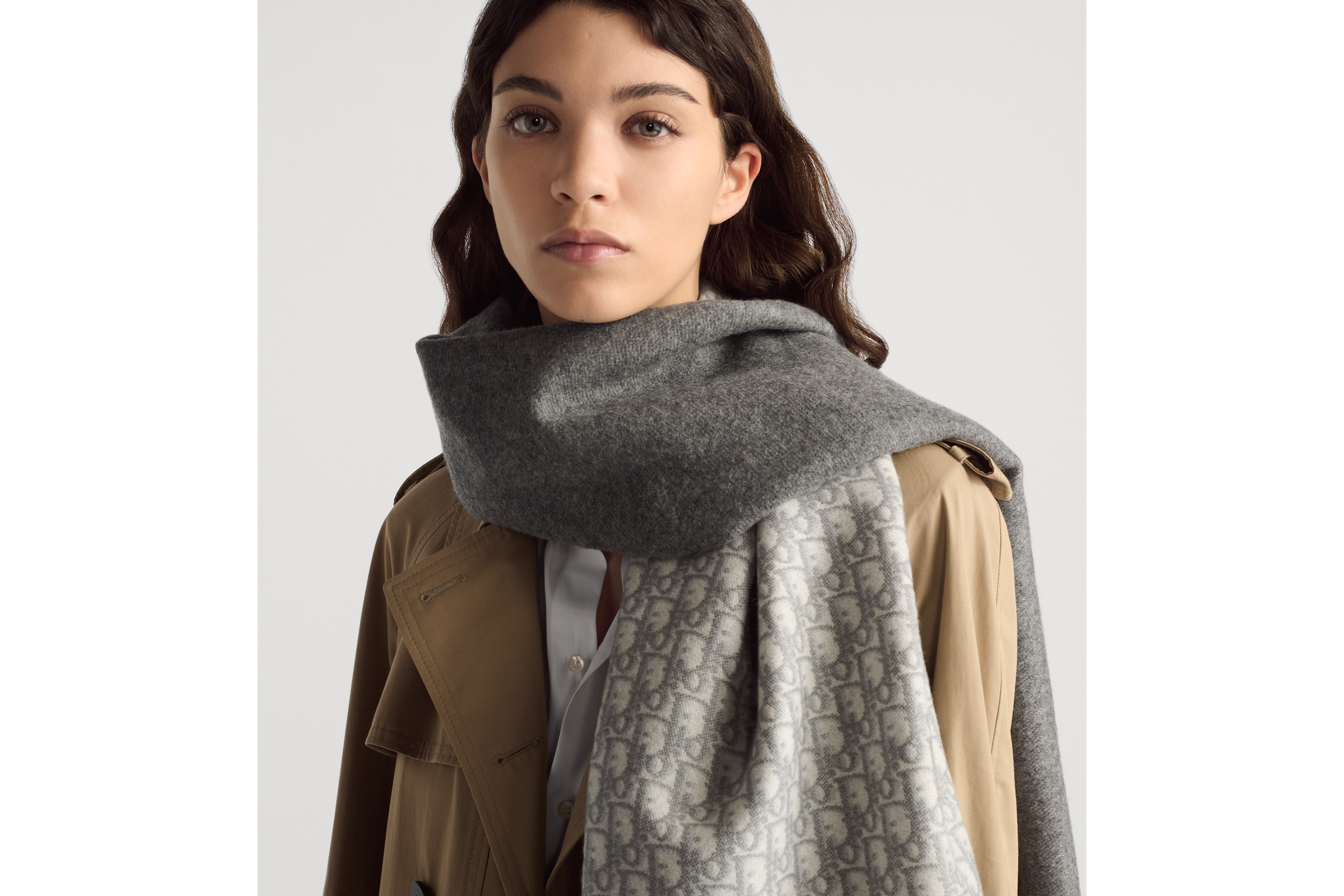 look_image_alt_prefix Dior Oblique 圍巾 米棕色和灰色喀什米爾羊絨 E07