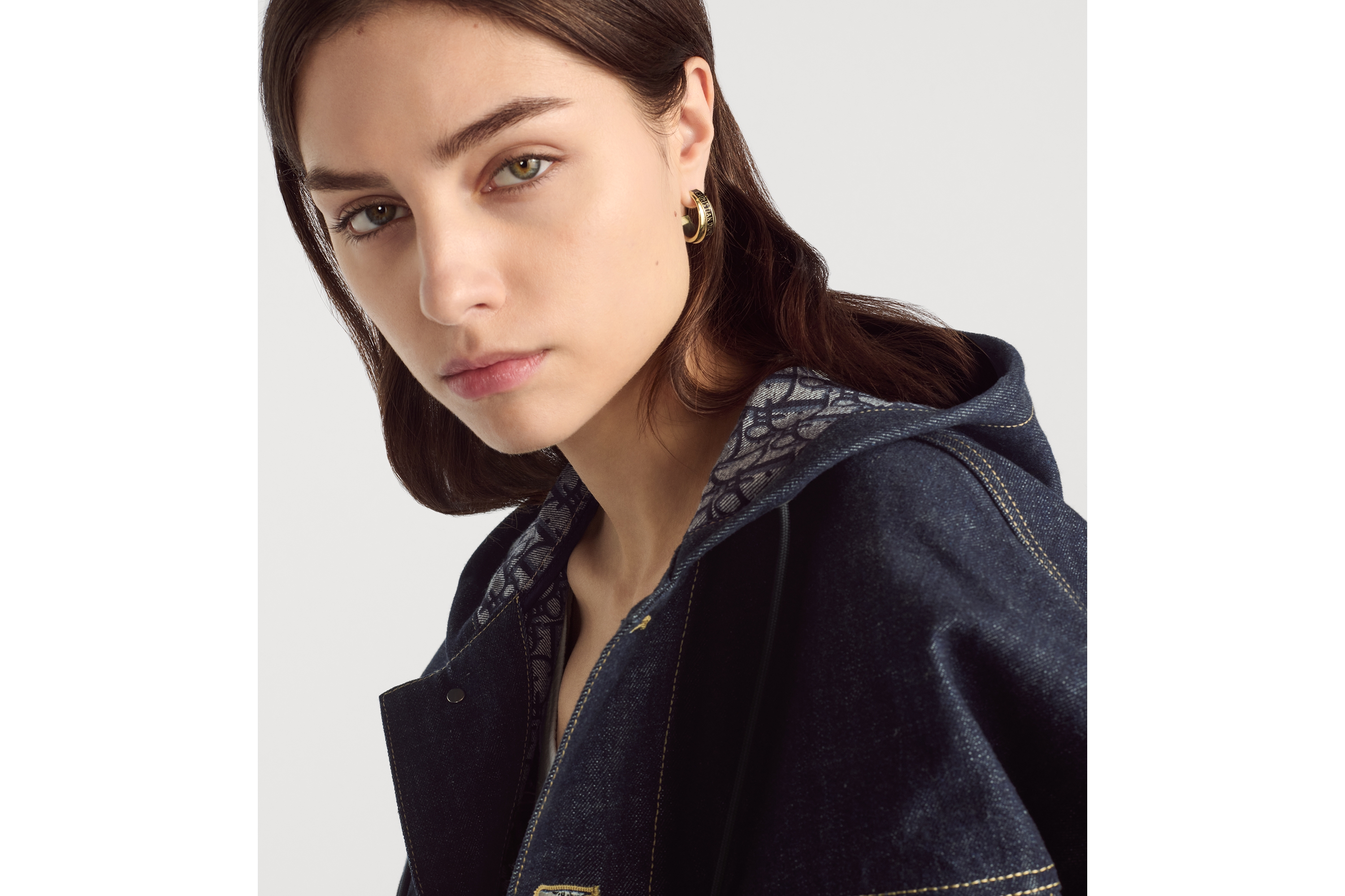 Look Oversized Hooded Jacket Blue Cotton Denim with Dior Oblique Interior E07