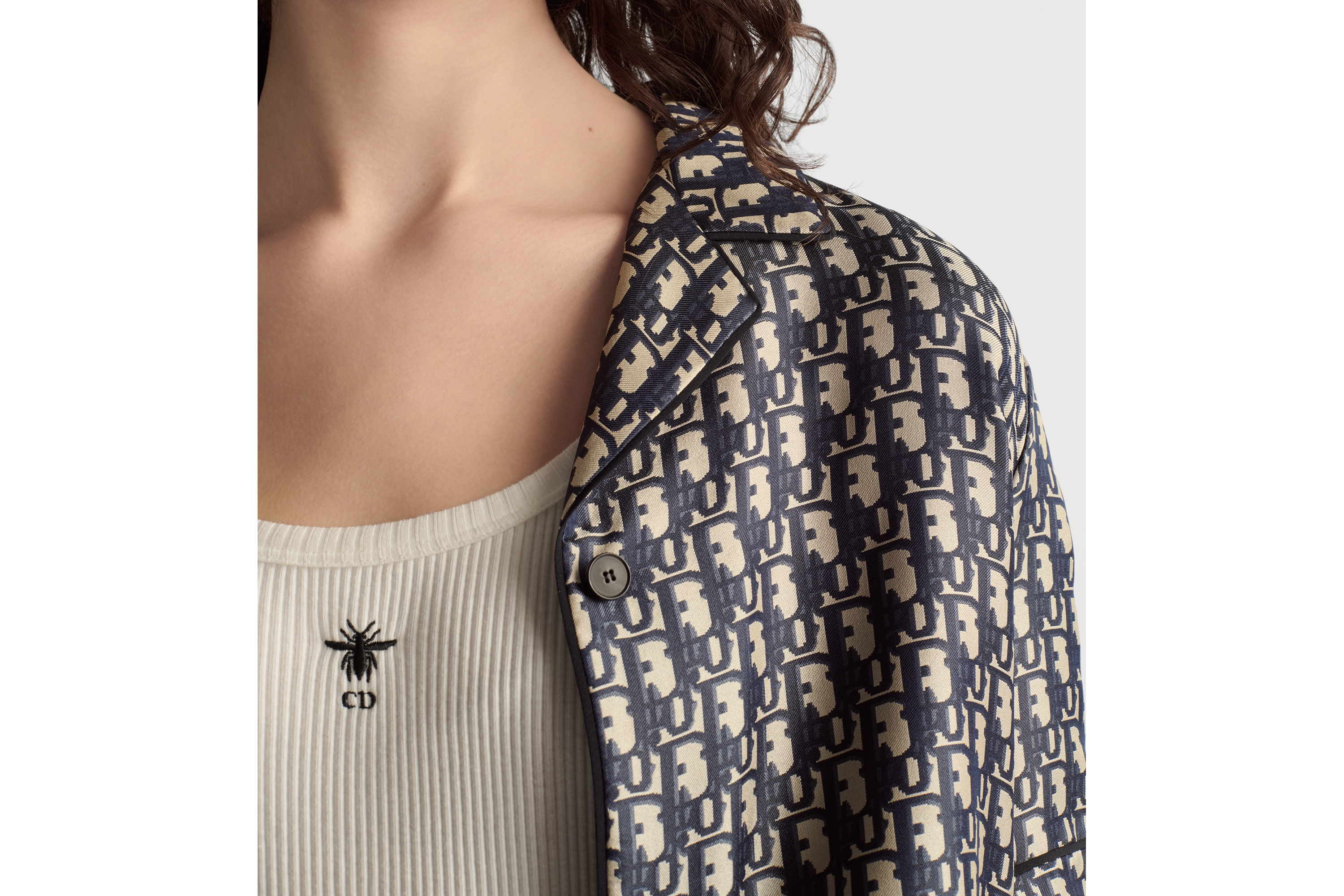 Look Dior Chez Moi Short-Sleeved Shirt Blue Dior Oblique Silk Twill E12