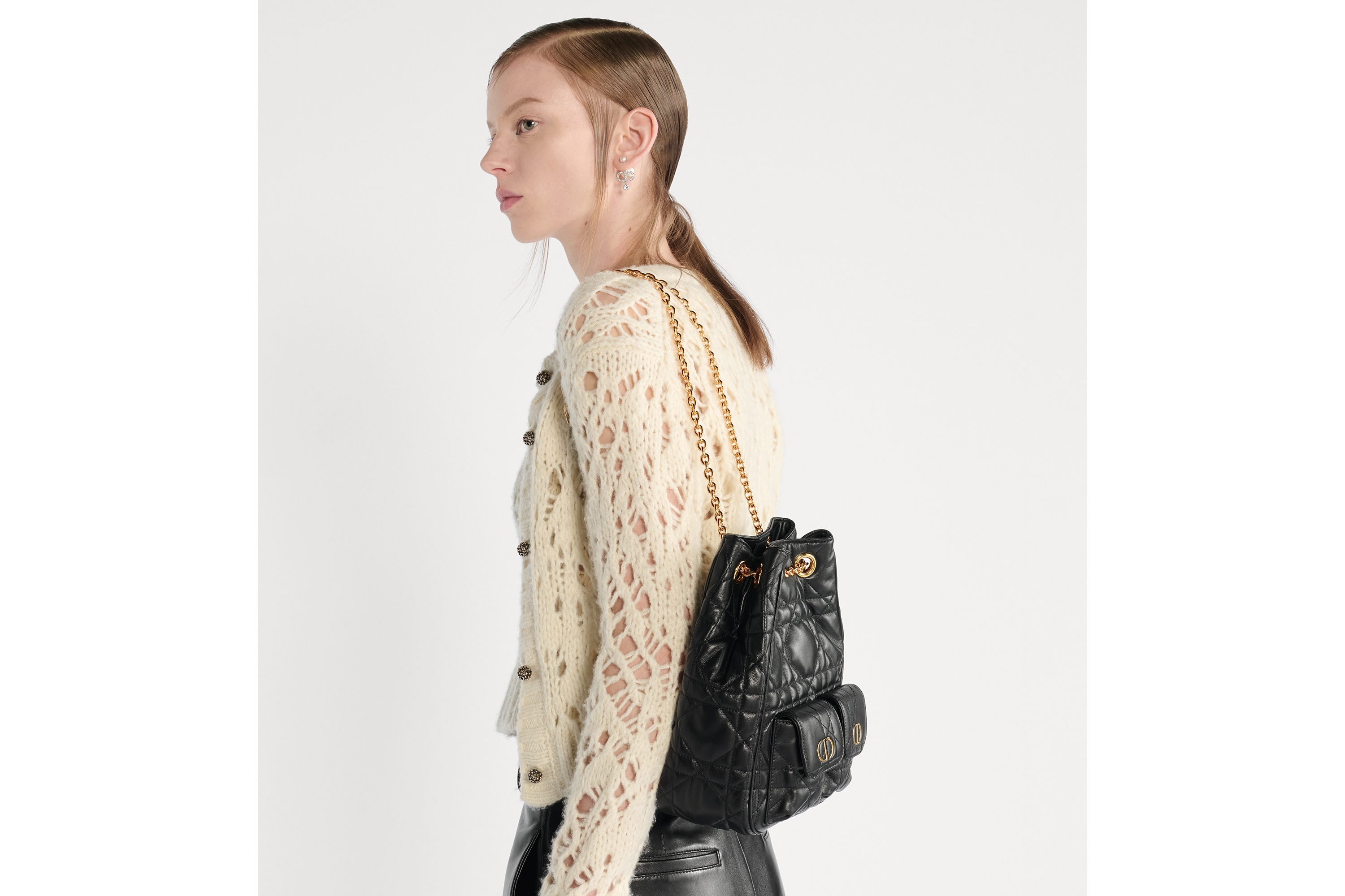 Look Medium Dior Caro Multicarry Backpack with Chain Black Macrocannage Lambskin E06