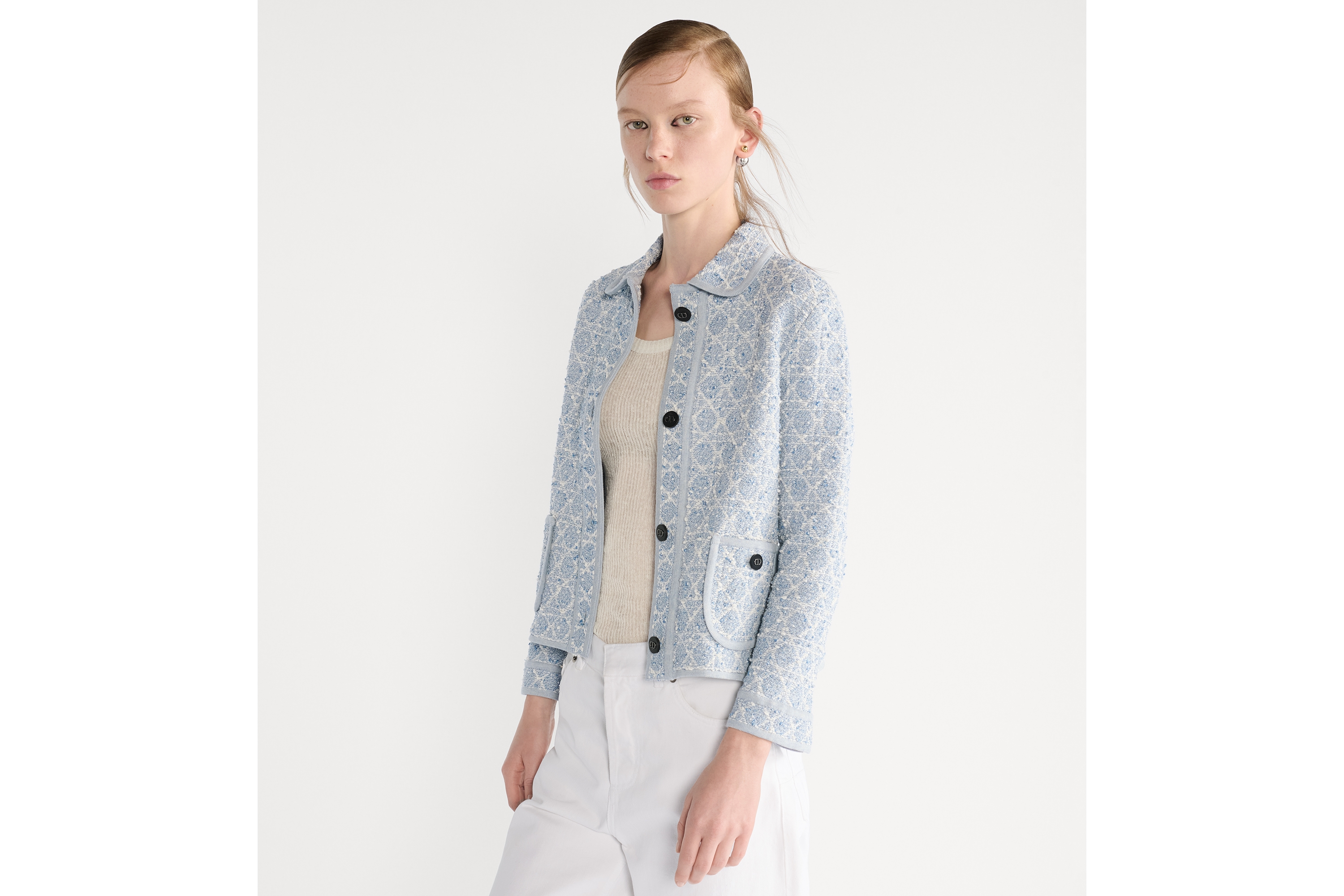 Look Macrocannage Jacket Chambray Blue Cotton-Blend Tweed Knit E04