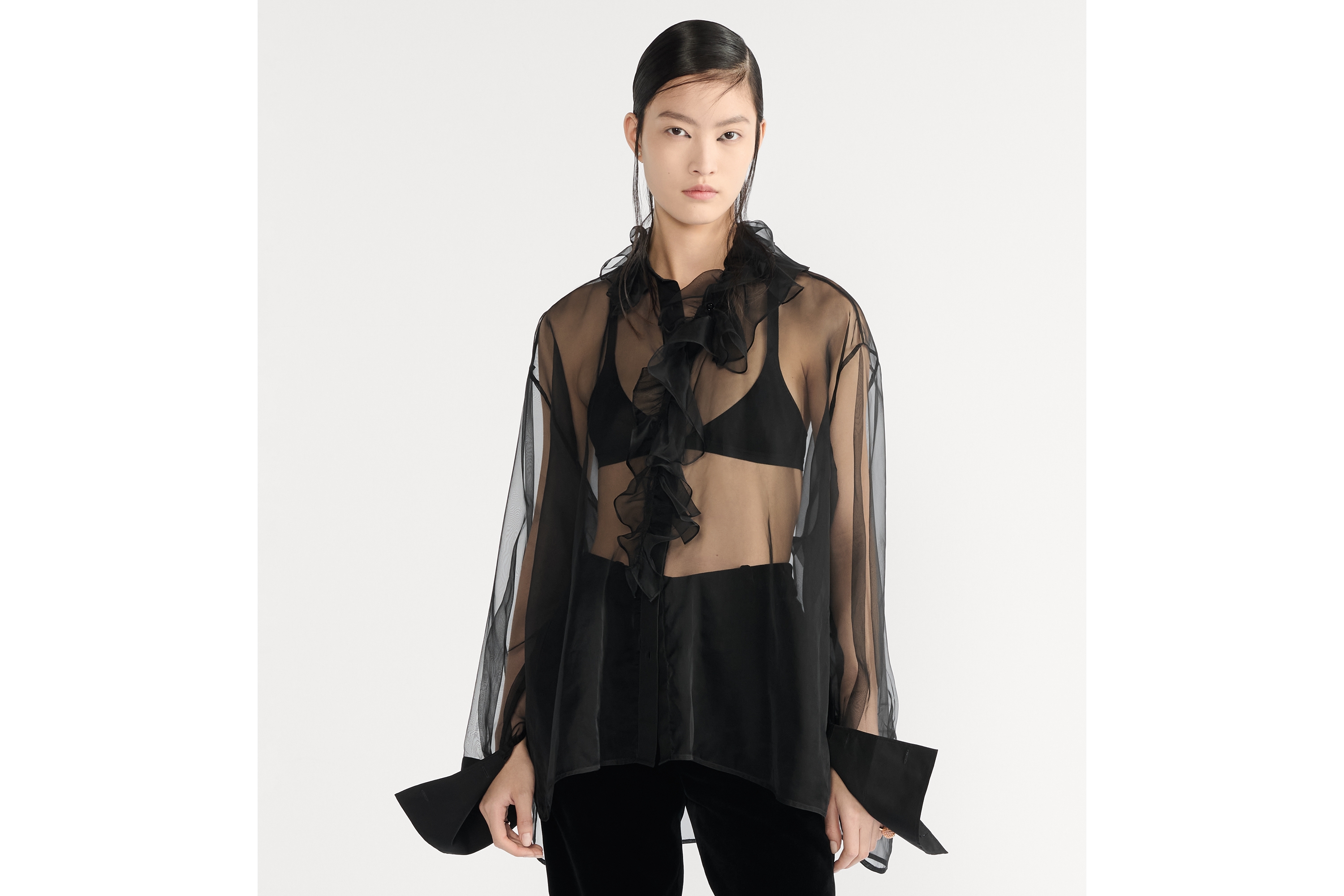 Transparent Blouse with Removable Ruched Collar