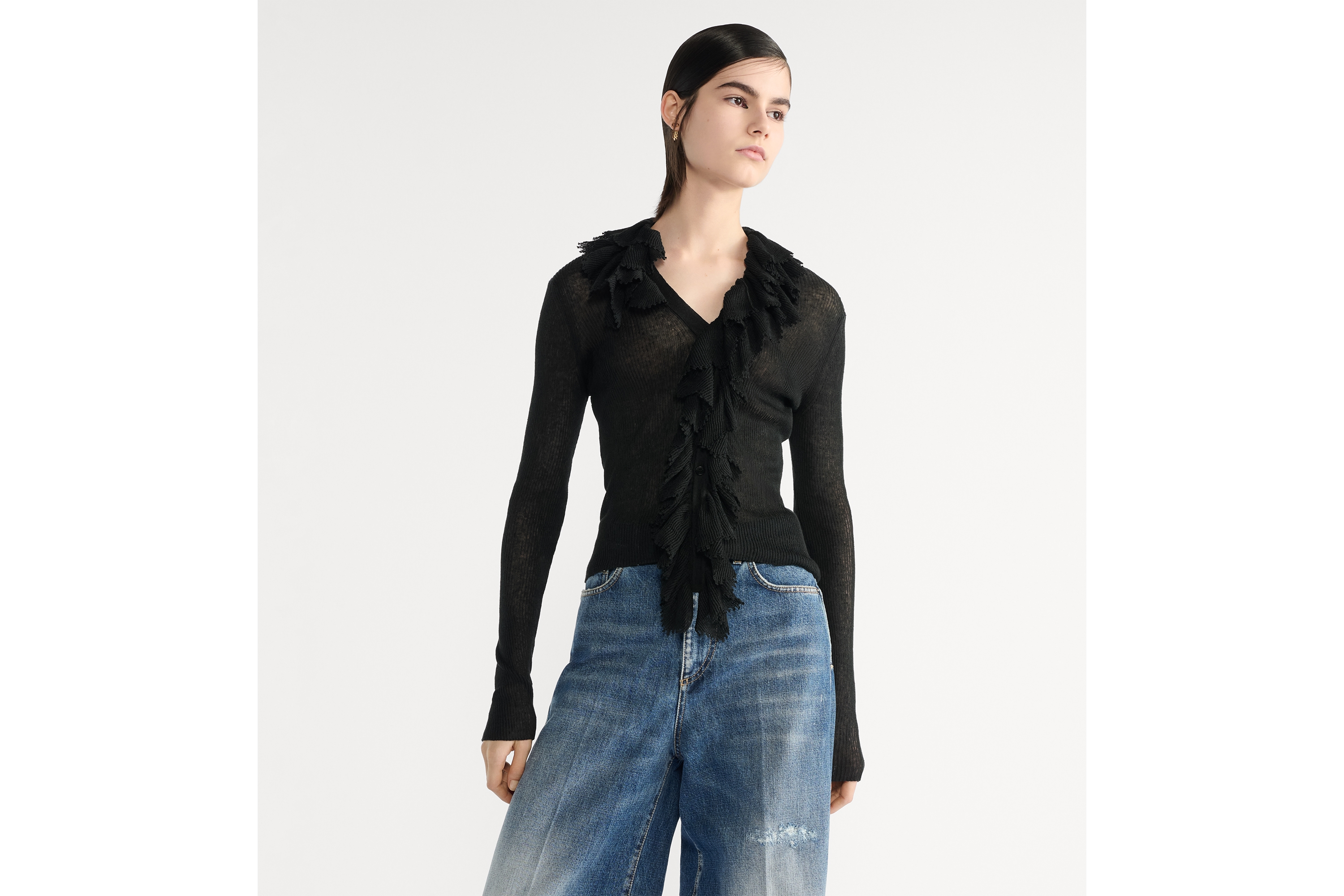 look_image_alt_prefix ルーシュカラー付き カーディガン リネン・シルク・コットン リブニット E04