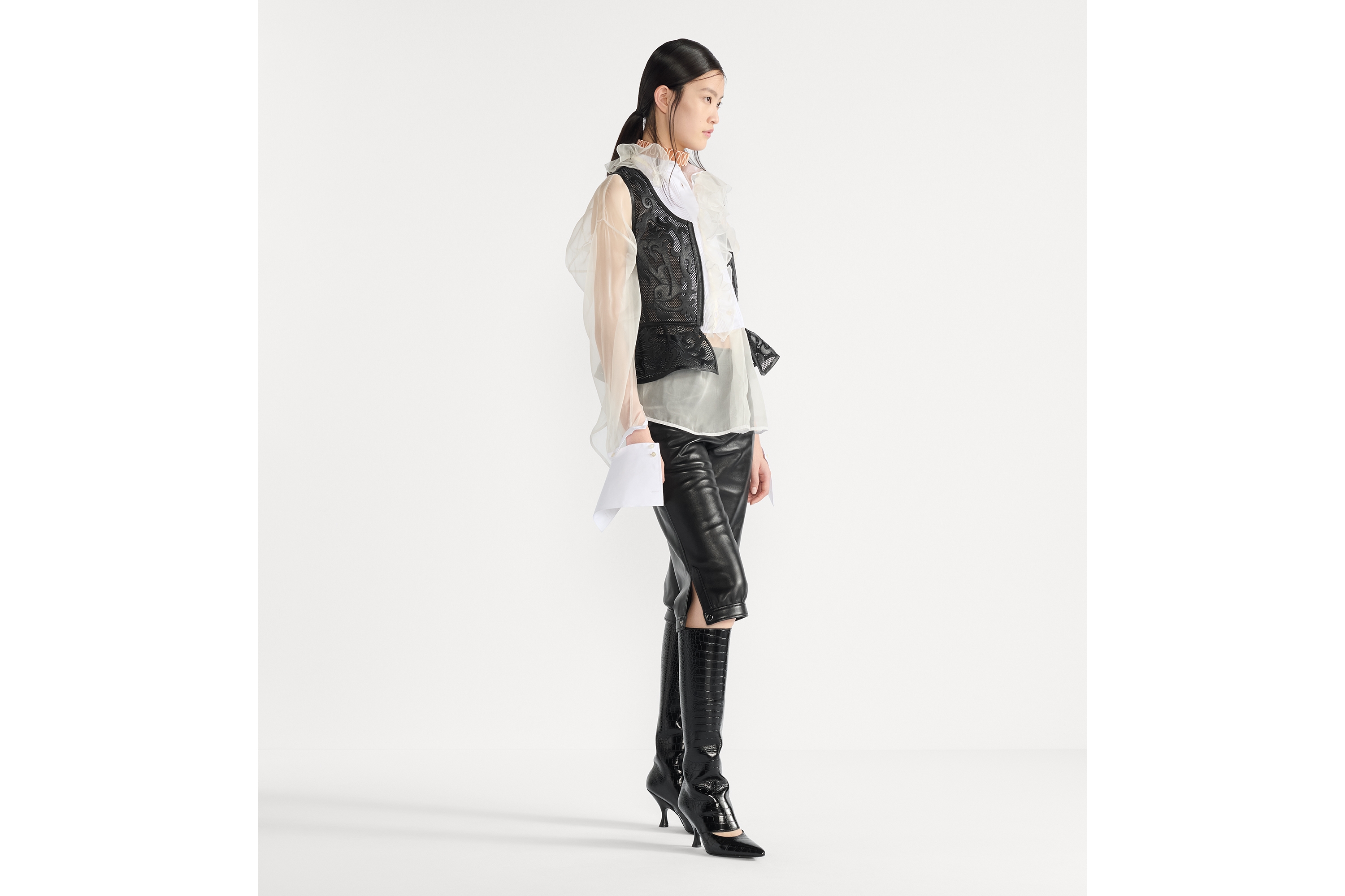 Transparent Blouse with Plastron and Removable Ruched Collar