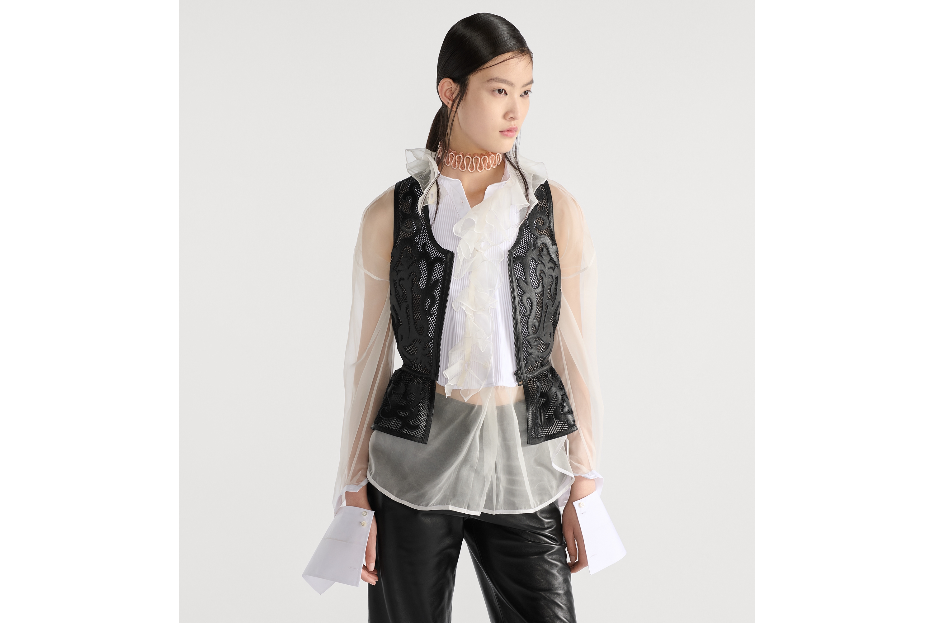 Transparent Blouse with Plastron and Removable Ruched Collar