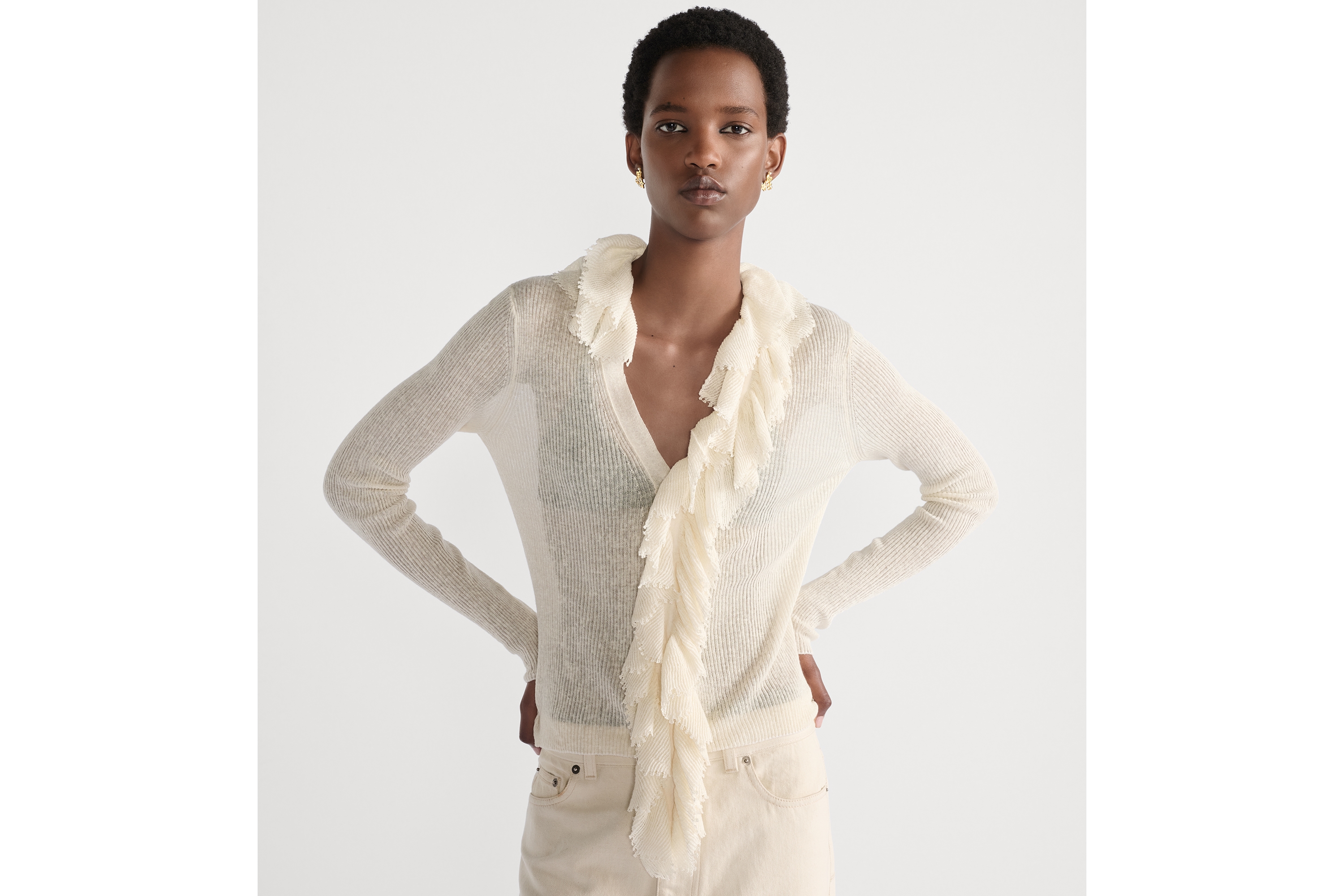 ルーシュカラー付き カーディガン リネン・シルク・コットン リブニット E04