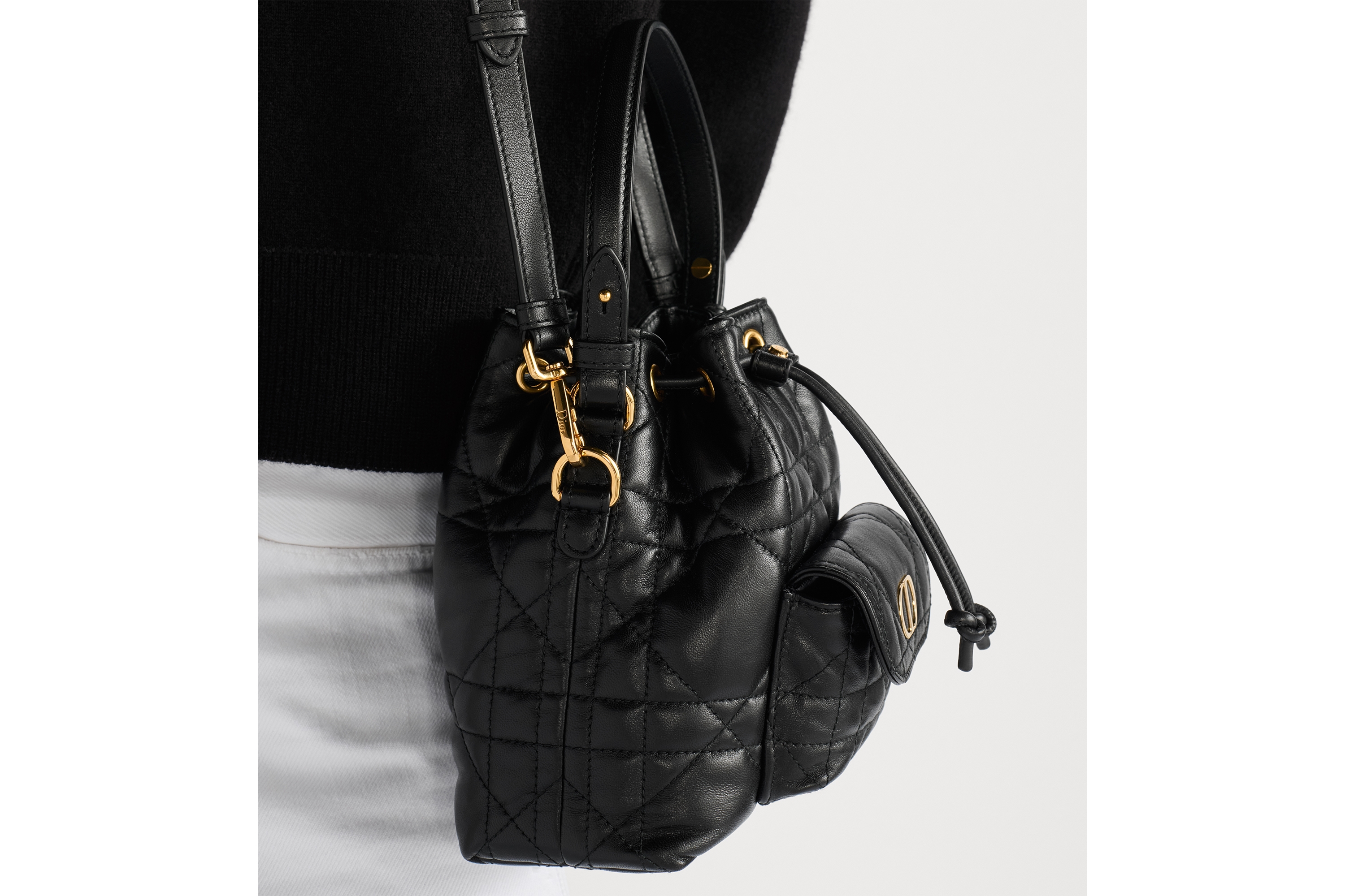 Look Mini Dior Caro Bucket Bag Black Macrocannage Lambskin E17