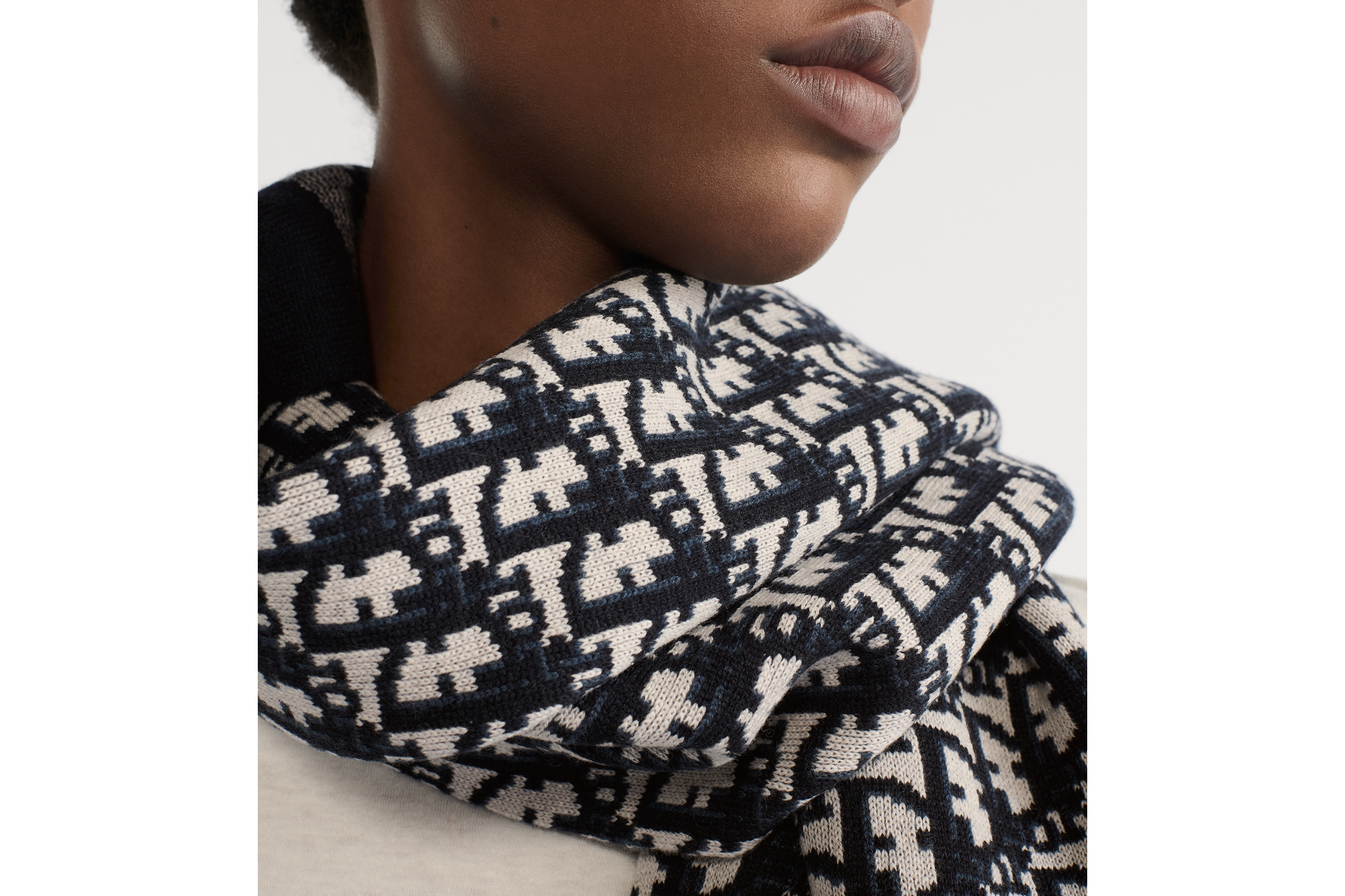 Look DiorAlps Dior Oblique Scarf Ecru and Navy Blue Cashmere-Blend Intarsia Jacquard E12