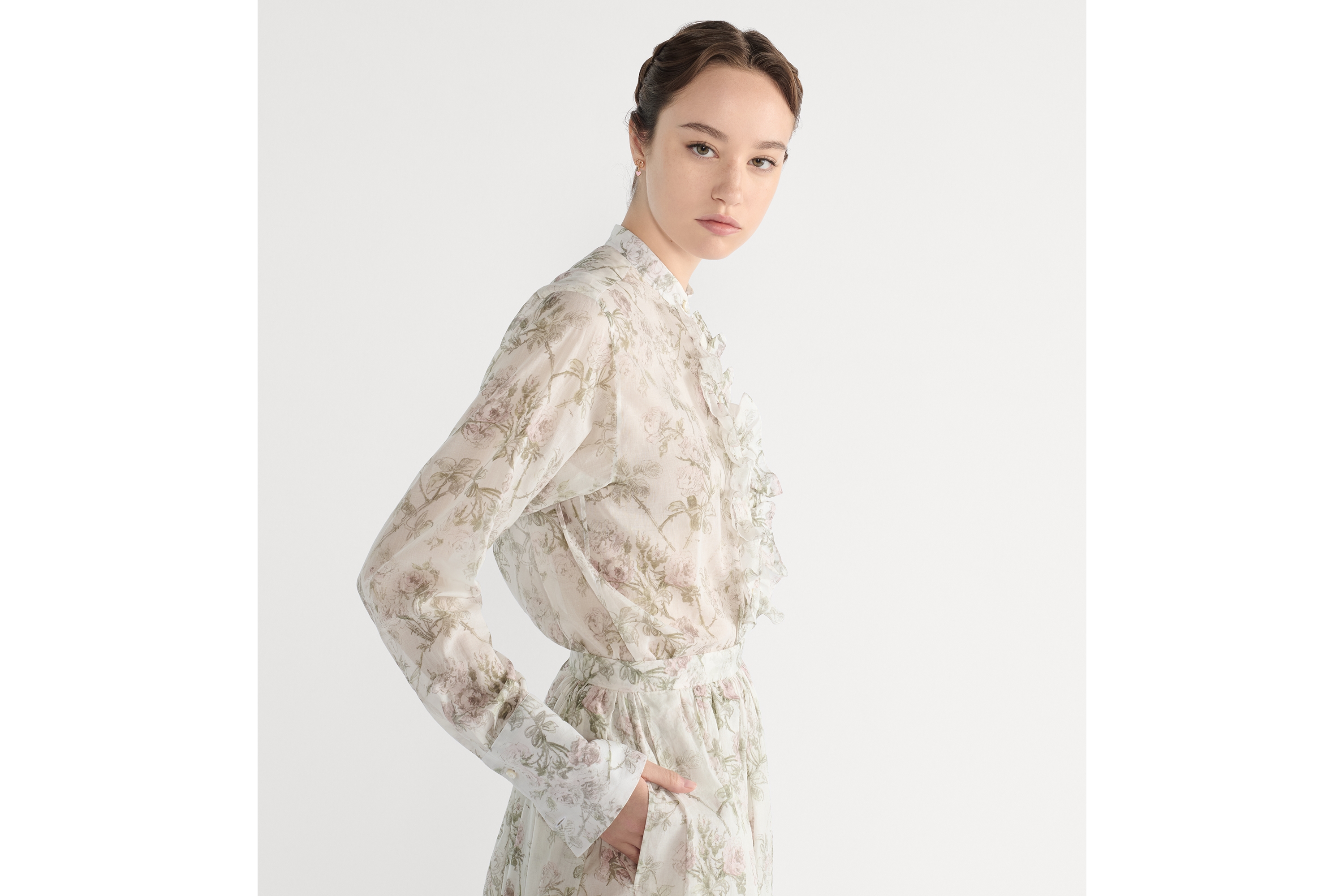 Blouse White Cotton Muslin with Multicolor Rosier de Dior Motif E05