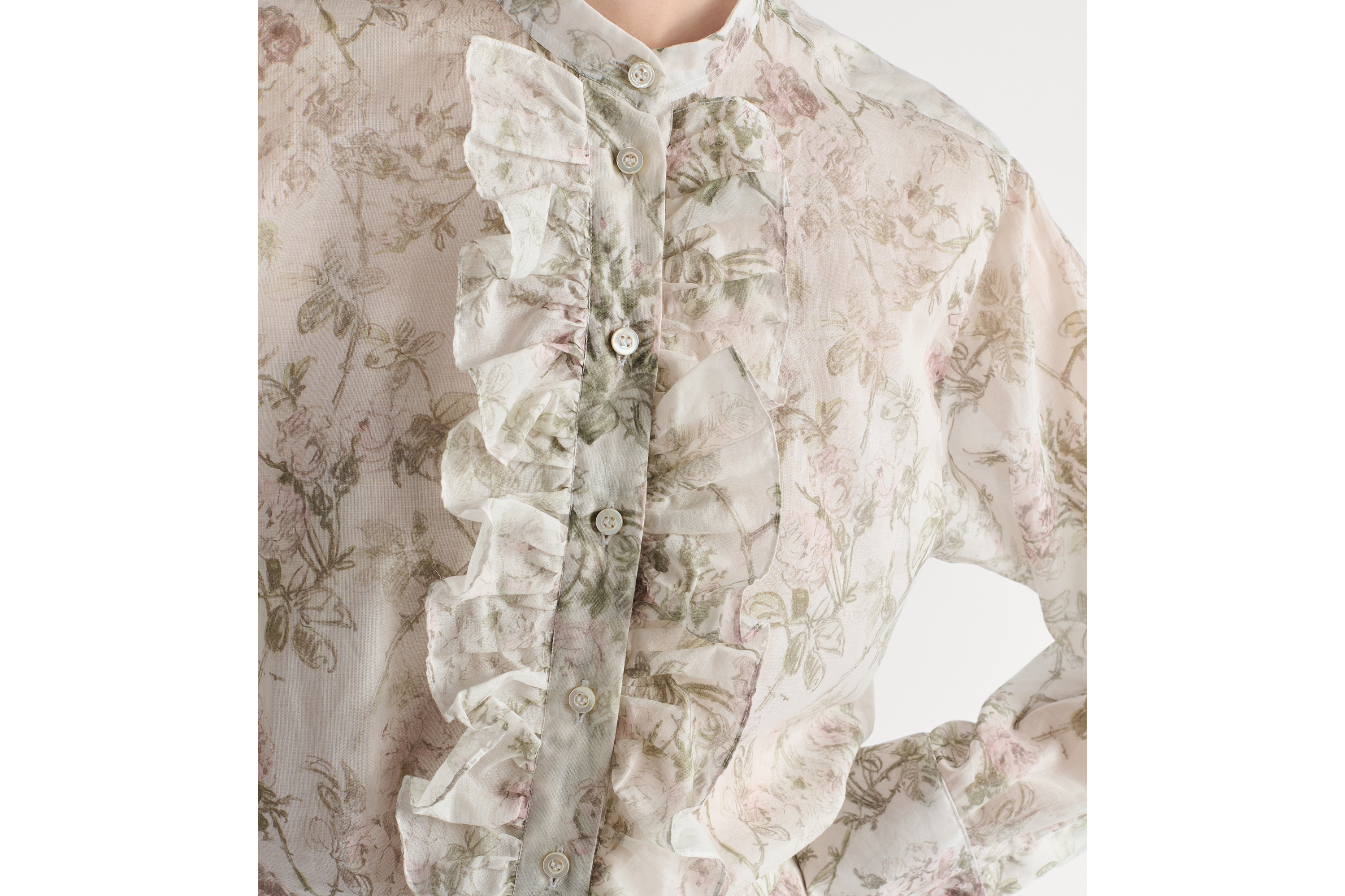 Blouse White Cotton Muslin with Multicolor Rosier de Dior Motif E12