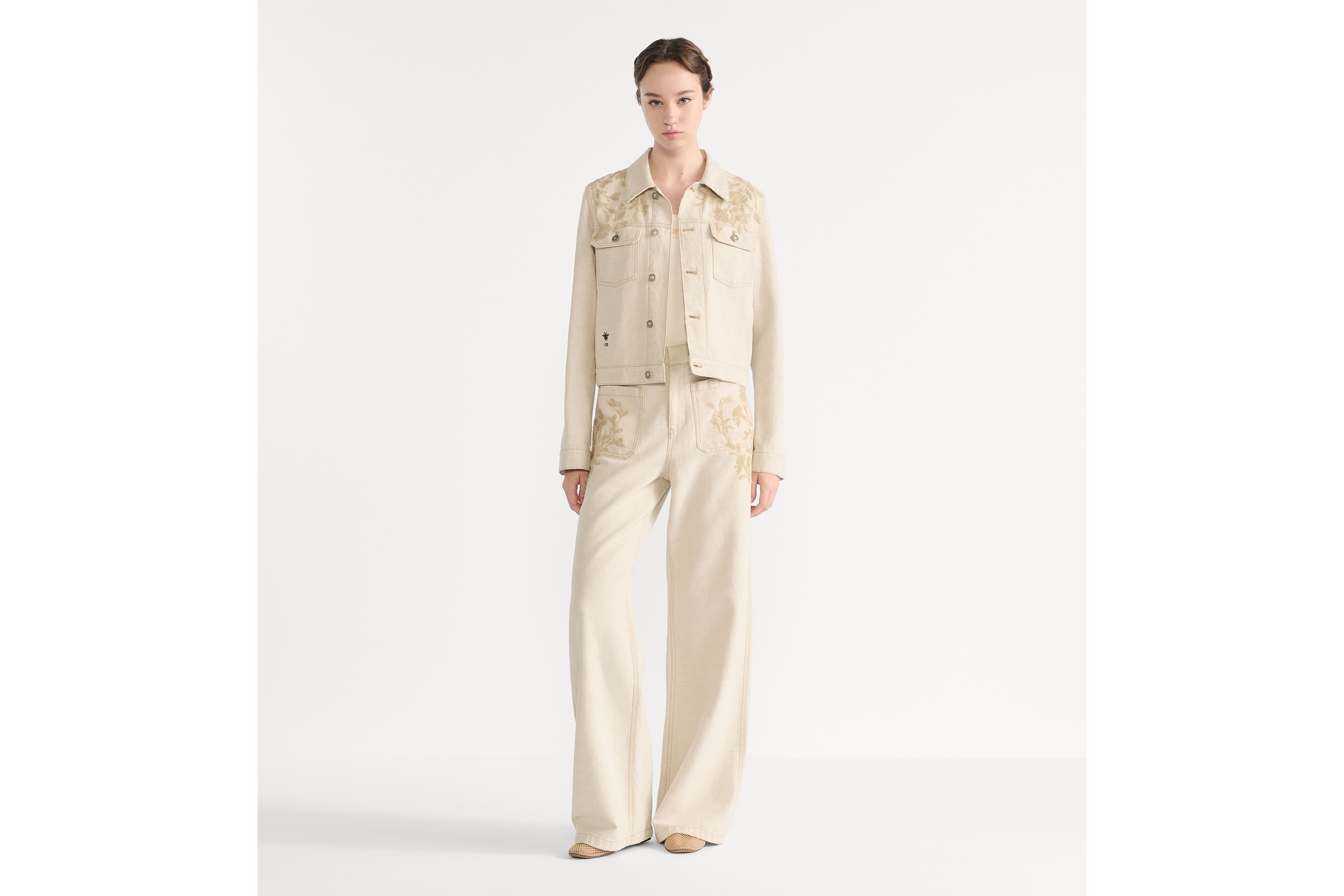 喇叭牛仔褲 米色棉質牛仔布搭配拼色 Millefiori 圖案蕾絲 E01