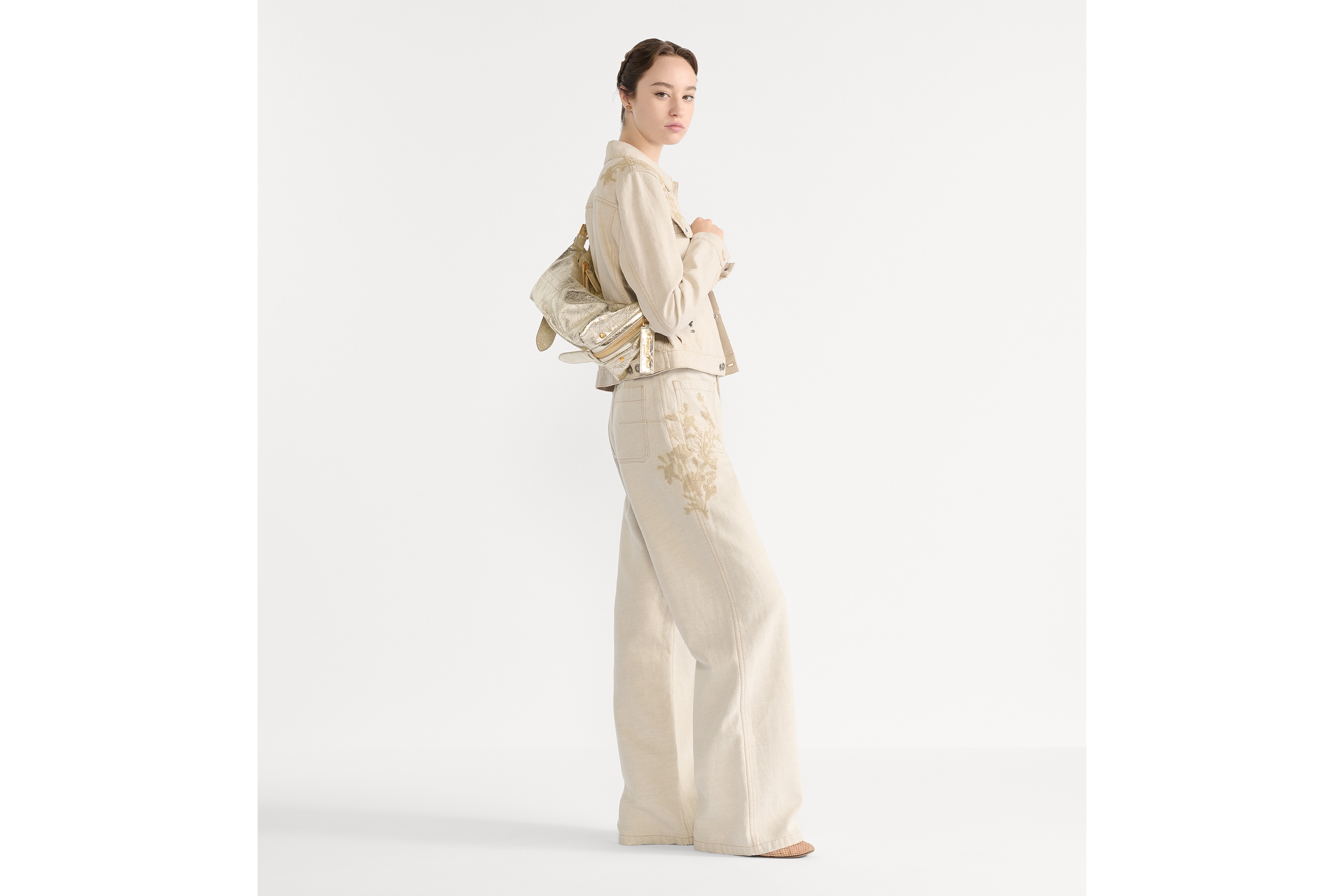 Look Medium D-Journey Bag in Crinkled Calfskin Metallic Gold-Tone Flat Macrocannage E02