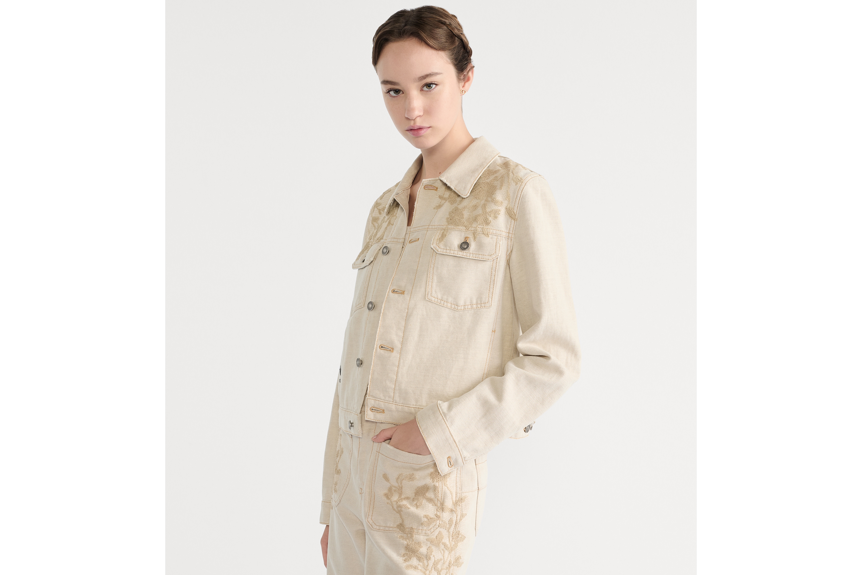 แจ็กเก็ต ผ้าฝ้ายเดนิมสีเบจประดับลูกไม้ลาย Millefiori E04