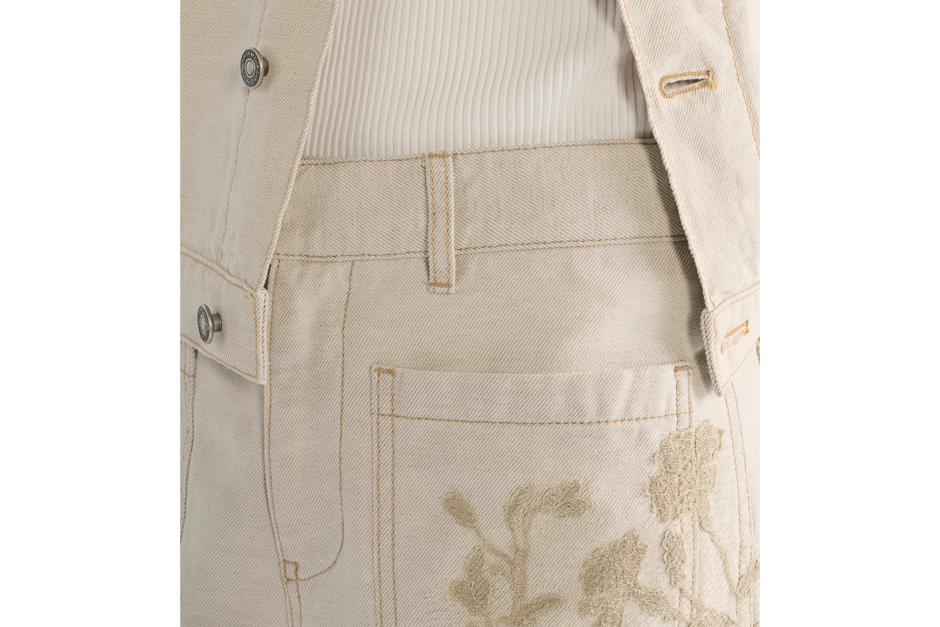 喇叭牛仔褲 米色棉質牛仔布搭配拼色 Millefiori 圖案蕾絲 E13