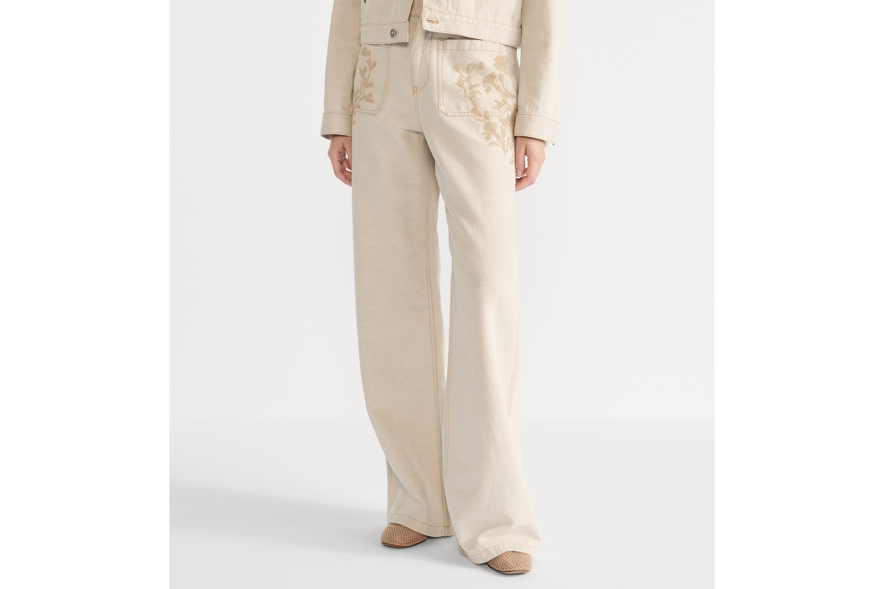 Look Flared Jeans Beige Cotton Denim and Linen with Millefiori Lace E14