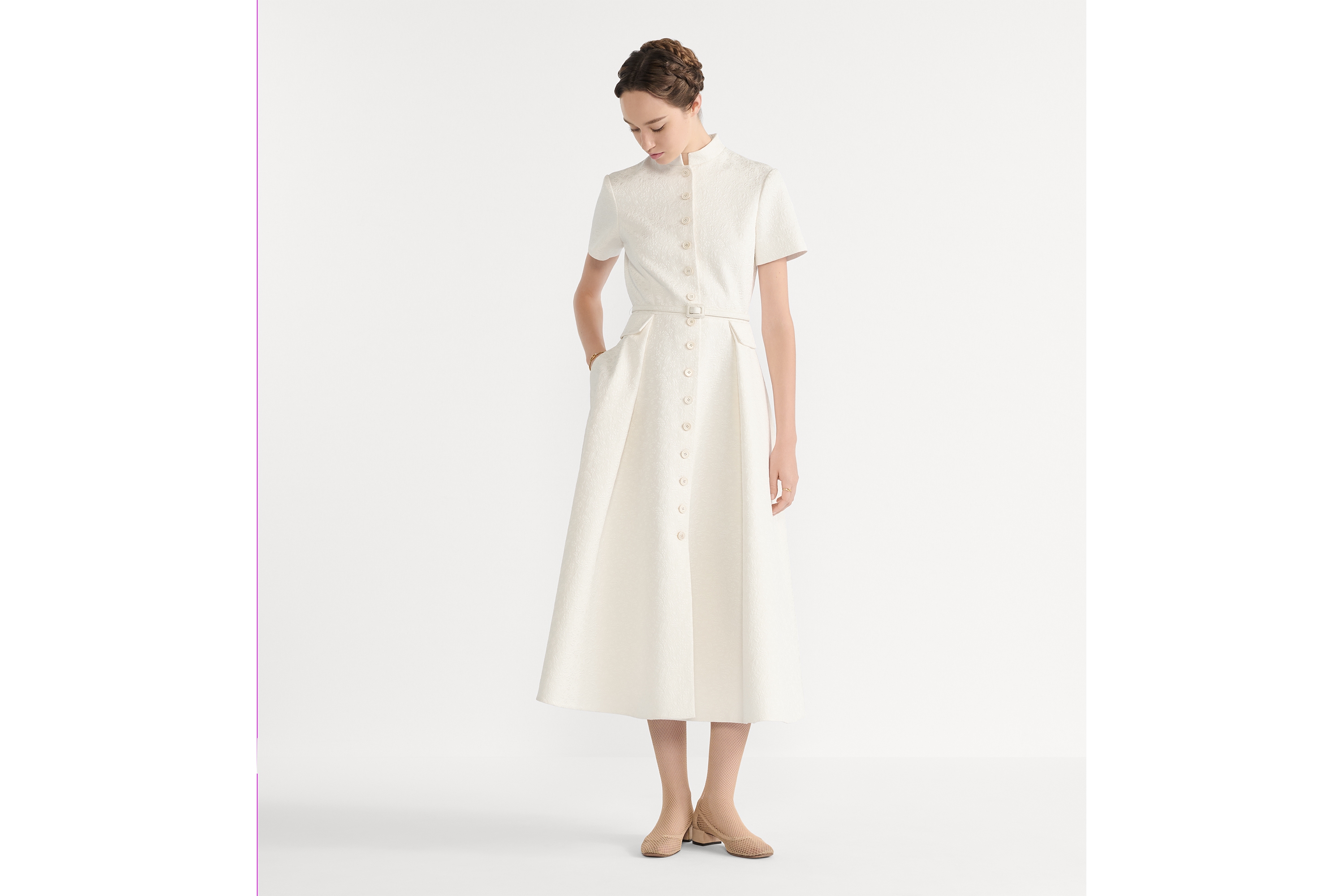 Look Mid-Length Belted Shirtdress Ecru Millefiori Cotton and Silk with Provençal-Effect Quilting E01