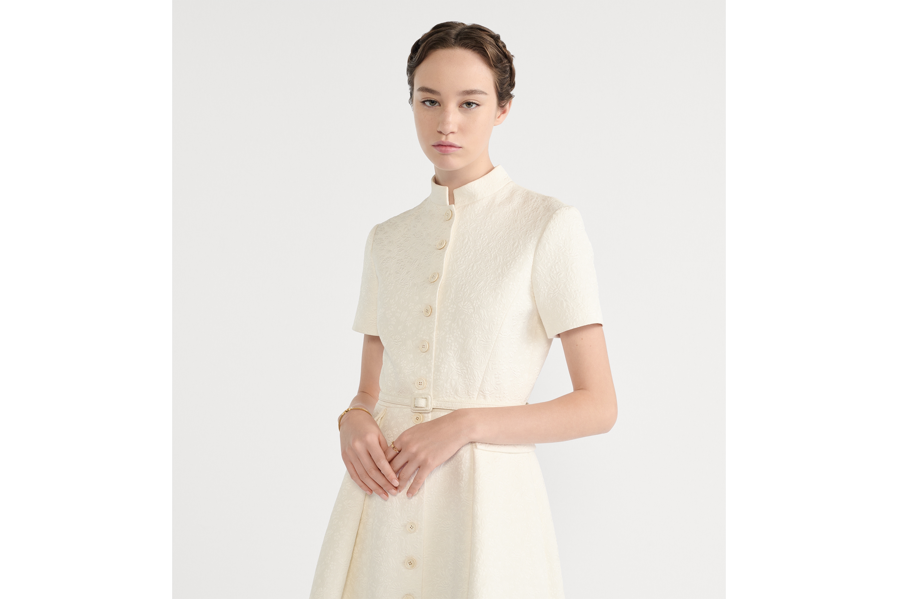Look Mid-Length Belted Shirtdress Ecru Millefiori Cotton and Silk with Provençal-Effect Quilting E04