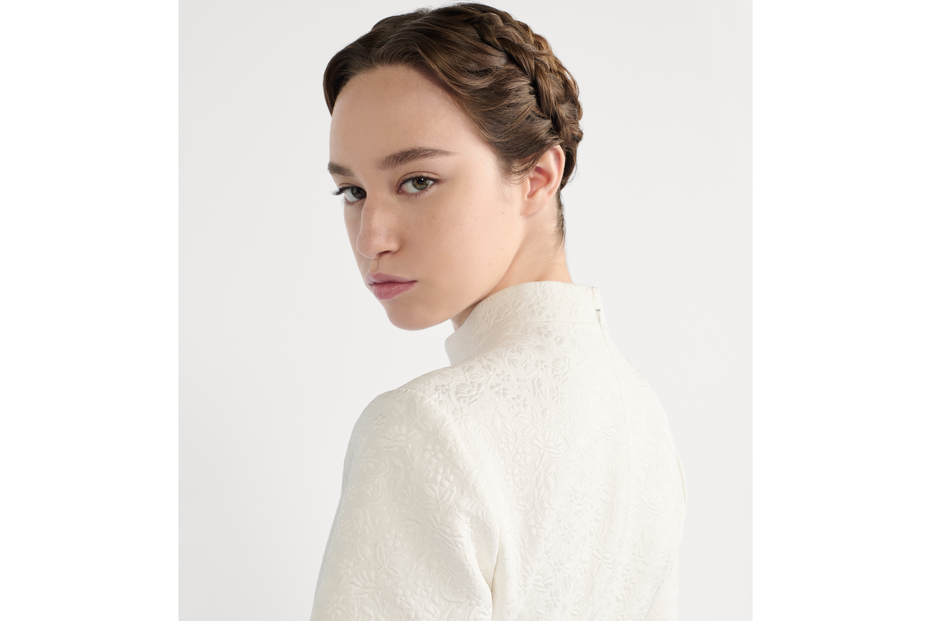 Look Mid-Length Belted Shirtdress Ecru Millefiori Cotton and Silk with Provençal-Effect Quilting E06