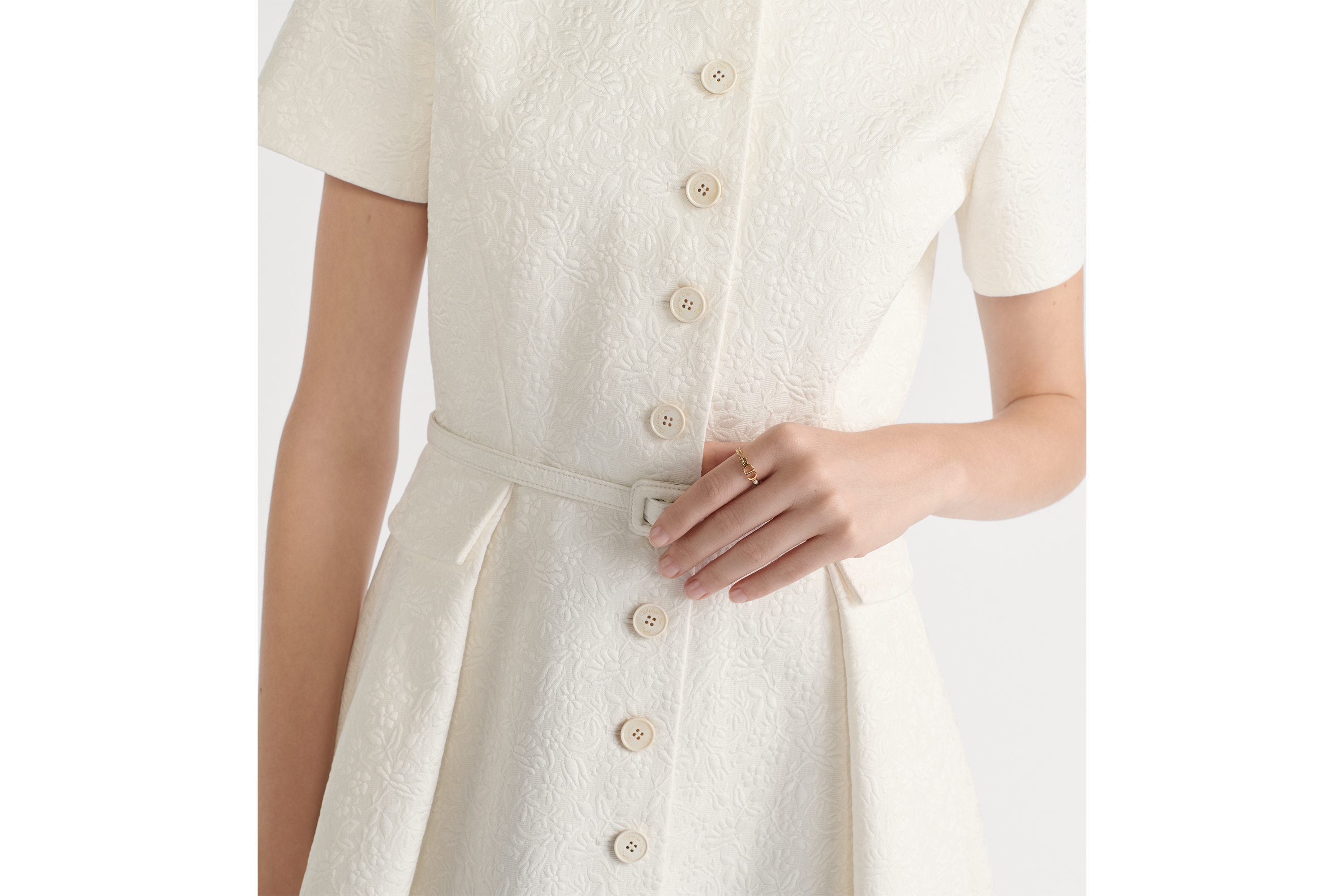 Look Mid-Length Belted Shirtdress Ecru Millefiori Cotton and Silk with Provençal-Effect Quilting E13