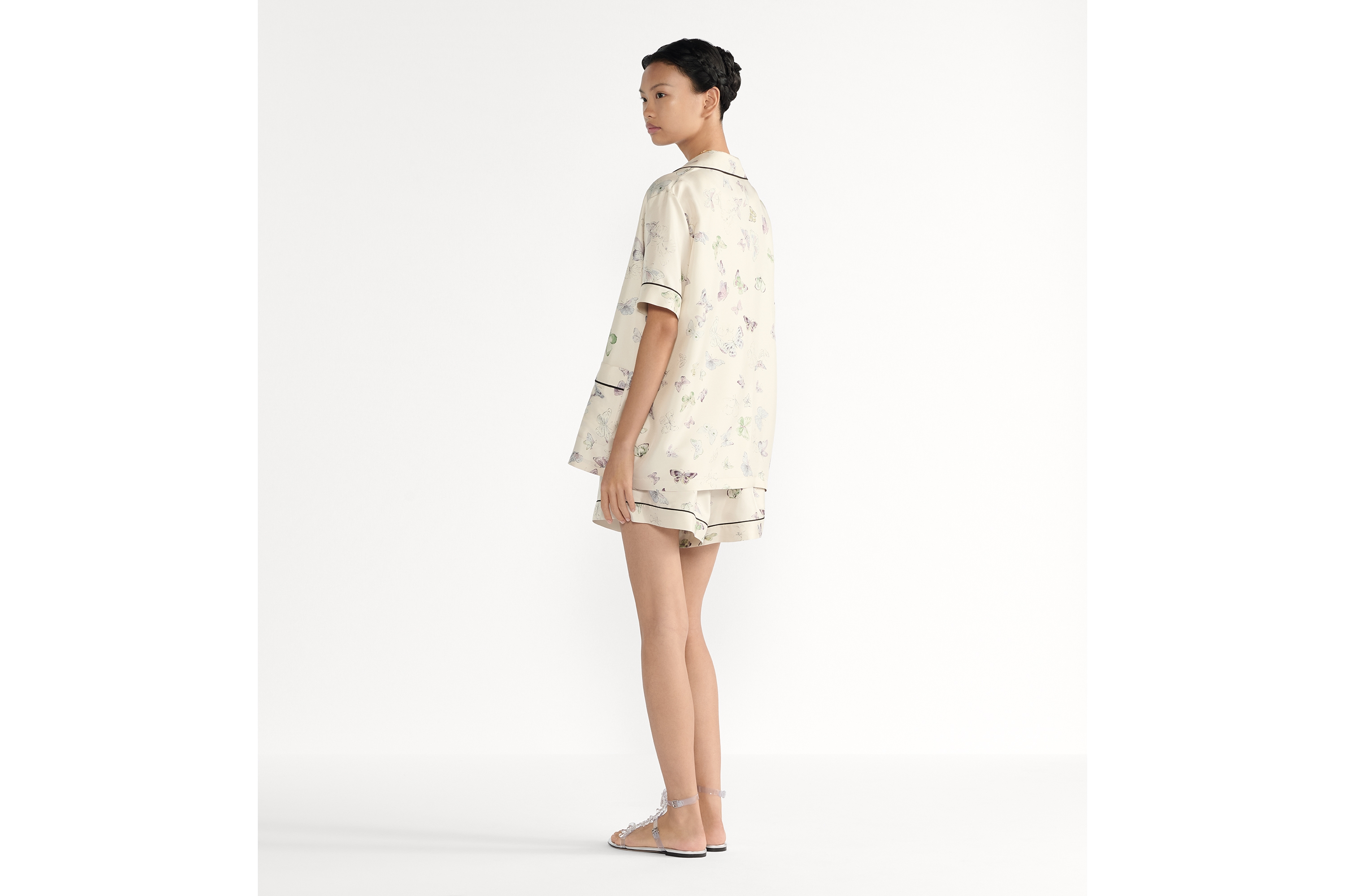 Look Shorts Ecru Silk Twill with Multicolor Butterfly Motif E02