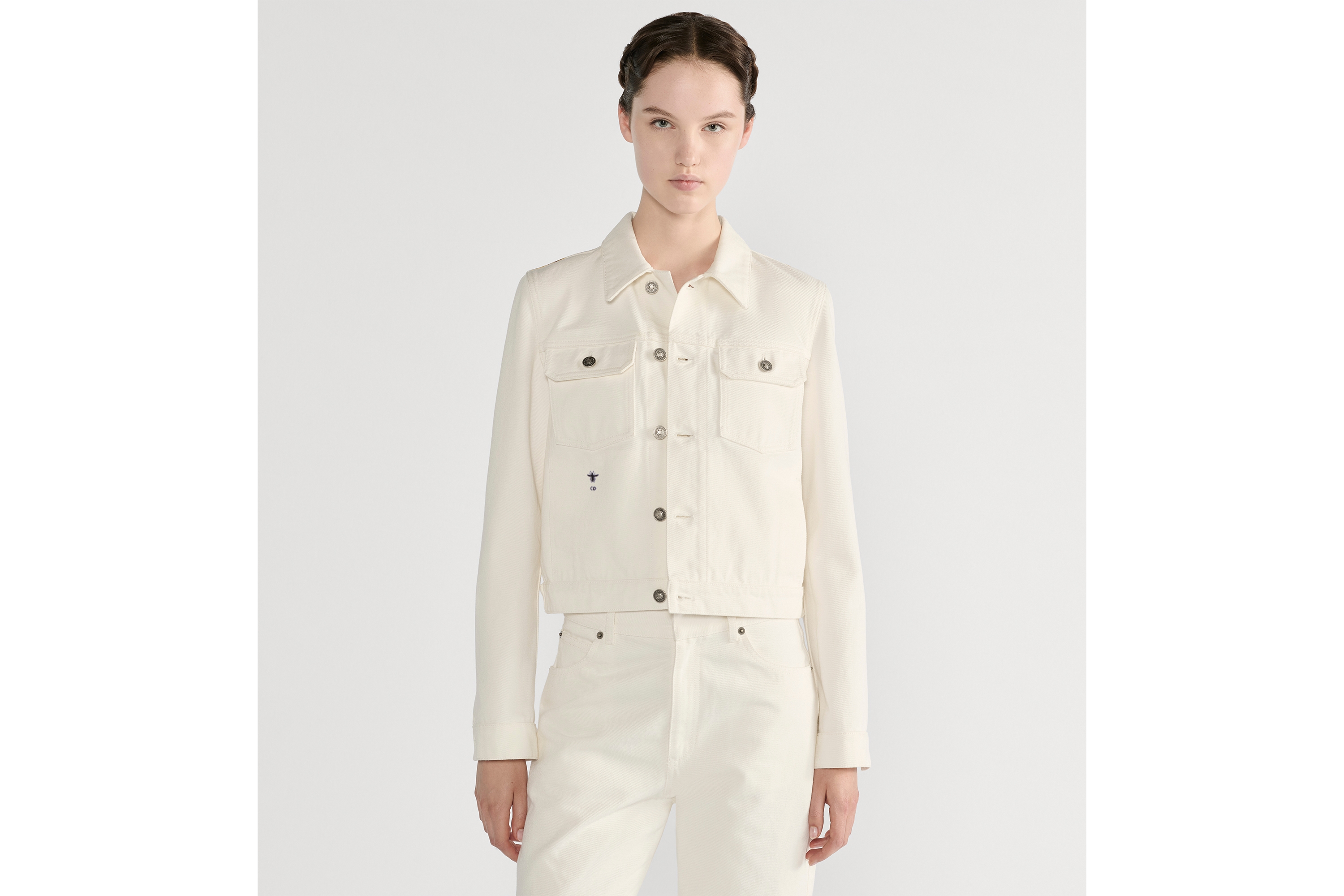 Jacket Ecru Cotton Denim with Gold-Tone Dioresque Stella Motif E04