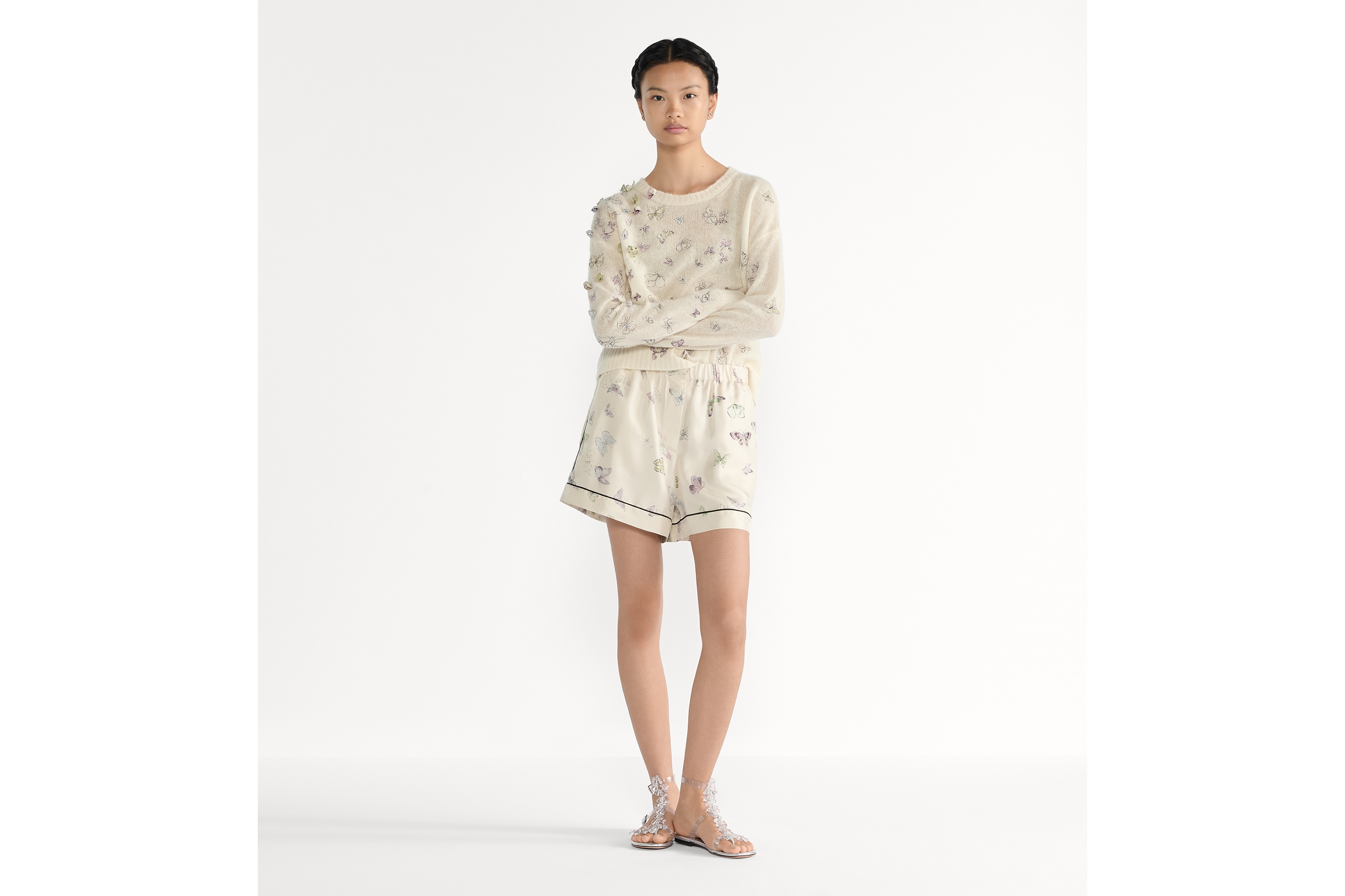 look_image_alt_prefix Suéter bordado Punto de alpaca, cachemira y seda blanco con motivo Butterflies & Iris multicolor E01