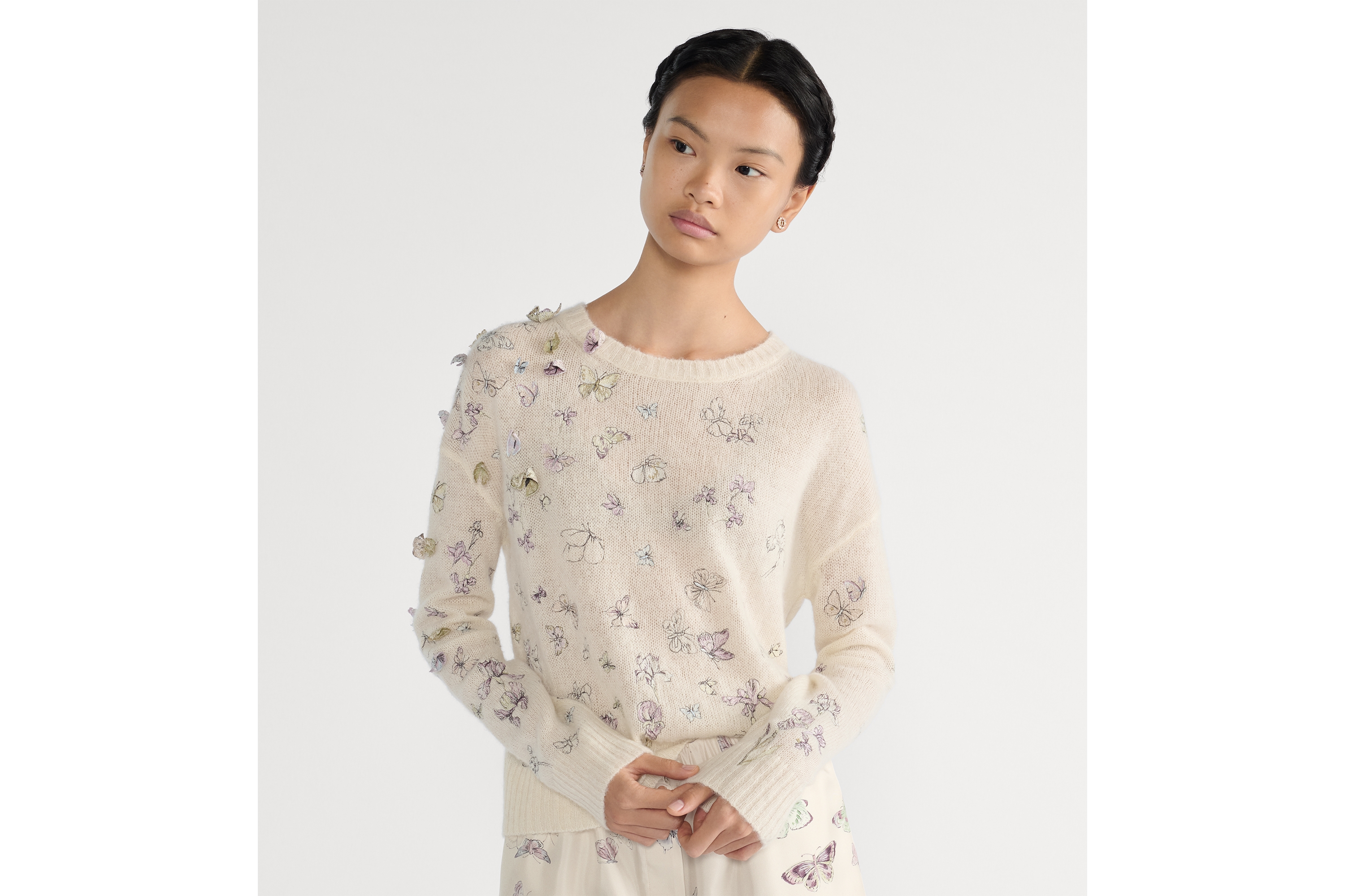 look_image_alt_prefix Suéter bordado Punto de alpaca, cachemira y seda blanco con motivo Butterflies & Iris multicolor E04