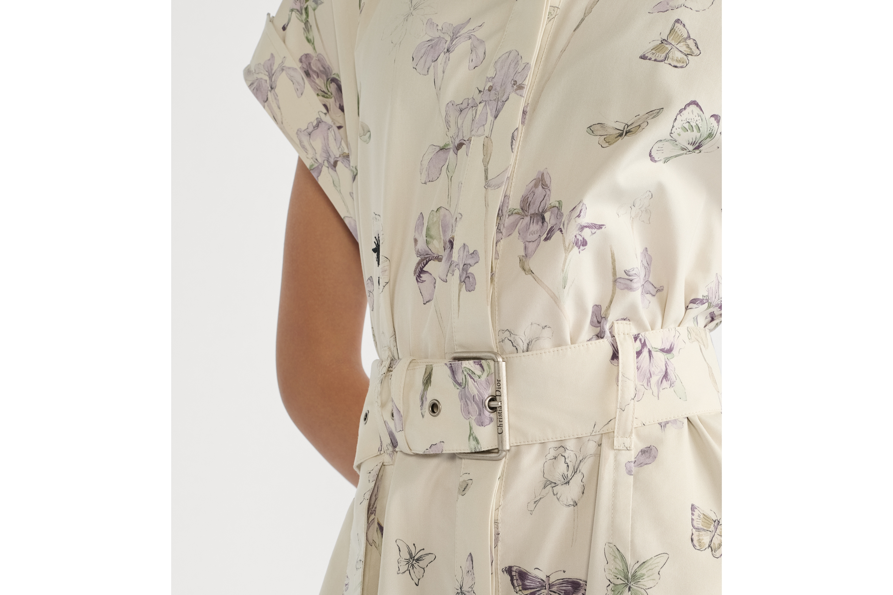 Look Robe-chemise mi-longue ceinturée Popeline de coton et soie beiges à motif Butterflies & Iris multicolore E13