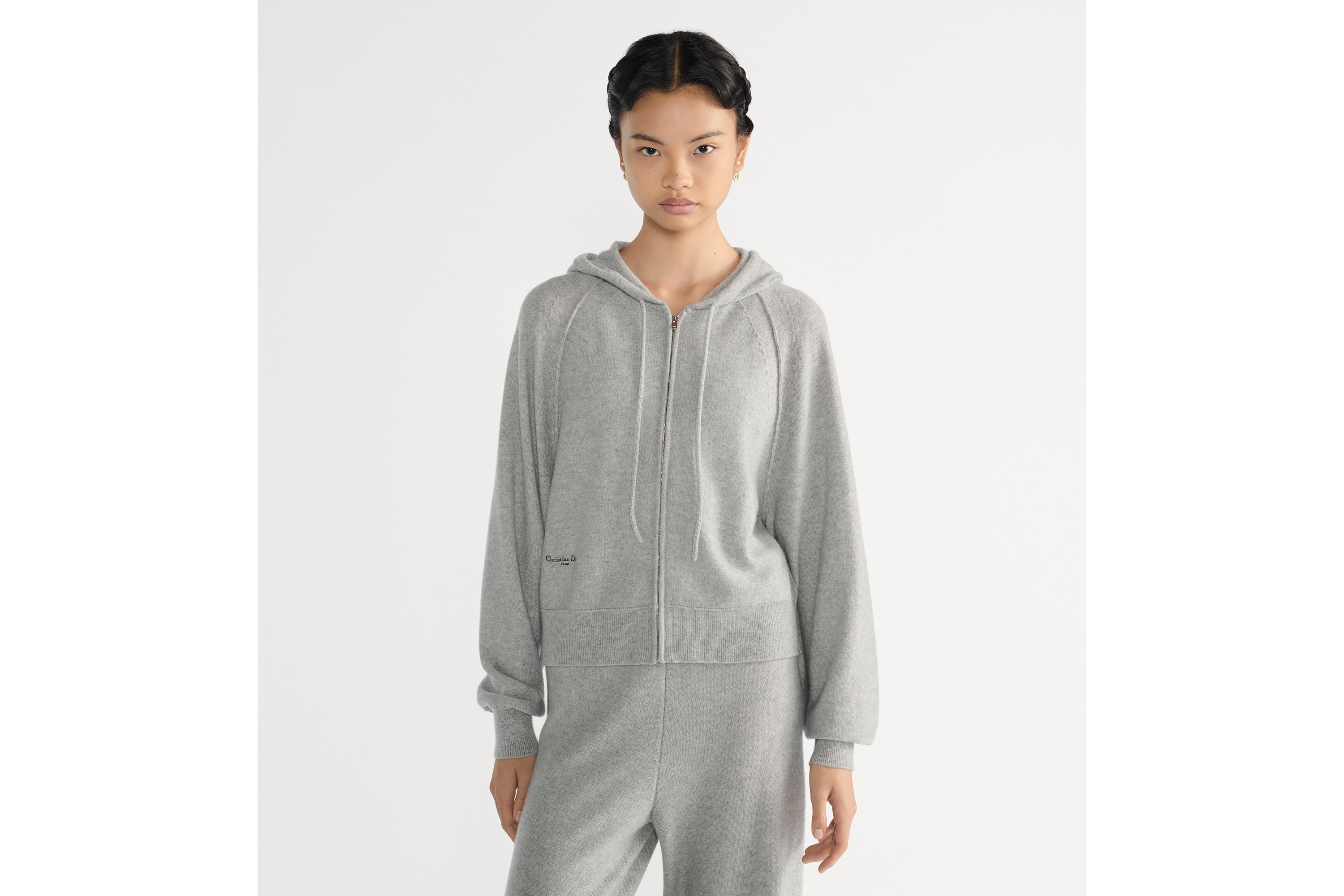 連帽拉鏈開襟羊毛衫 灰色羊絨織物 E04