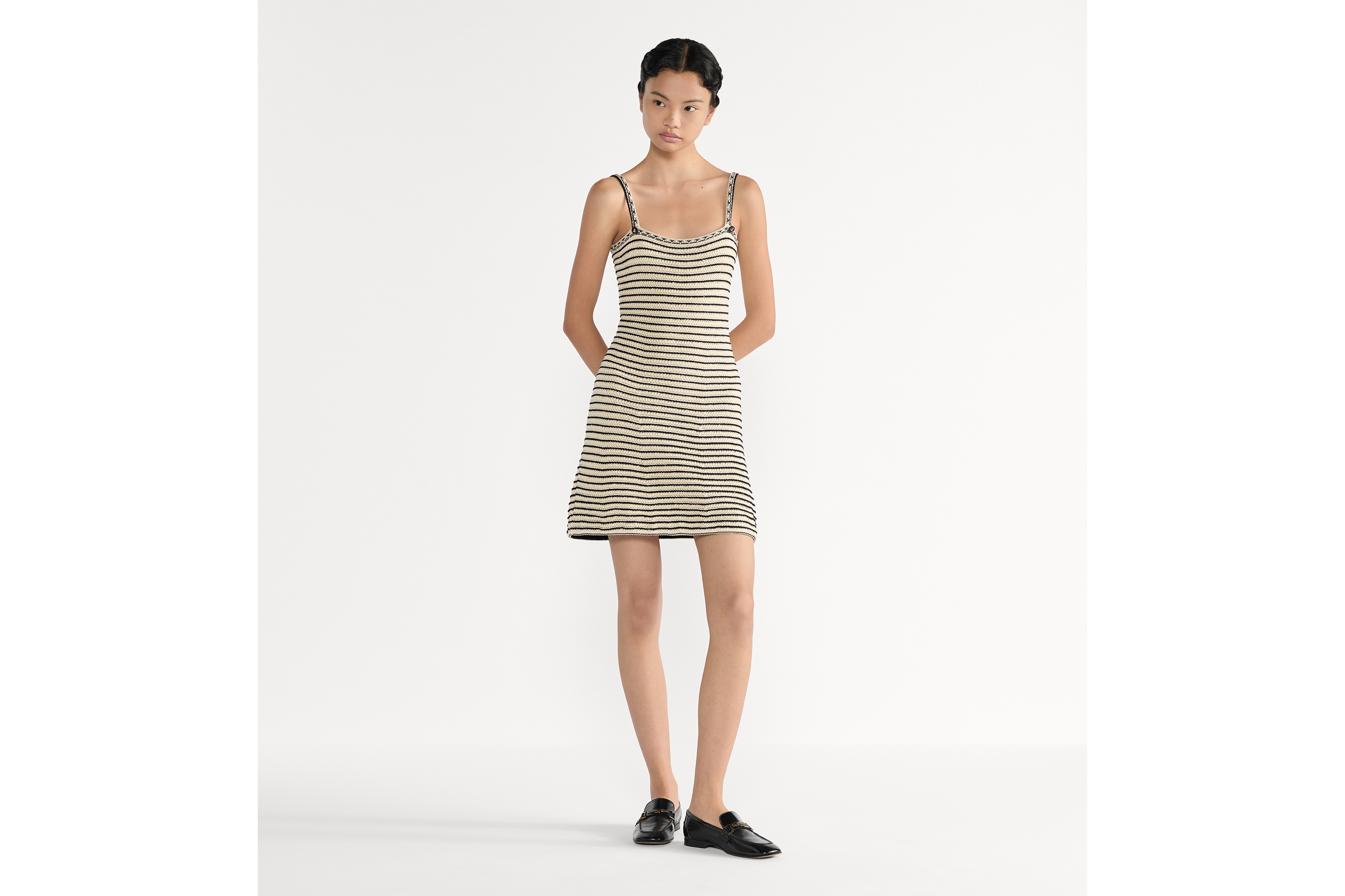 Dior 마리니에르 쇼트 드레스 네이비 블루 & 화이트 코튼 니트 E01