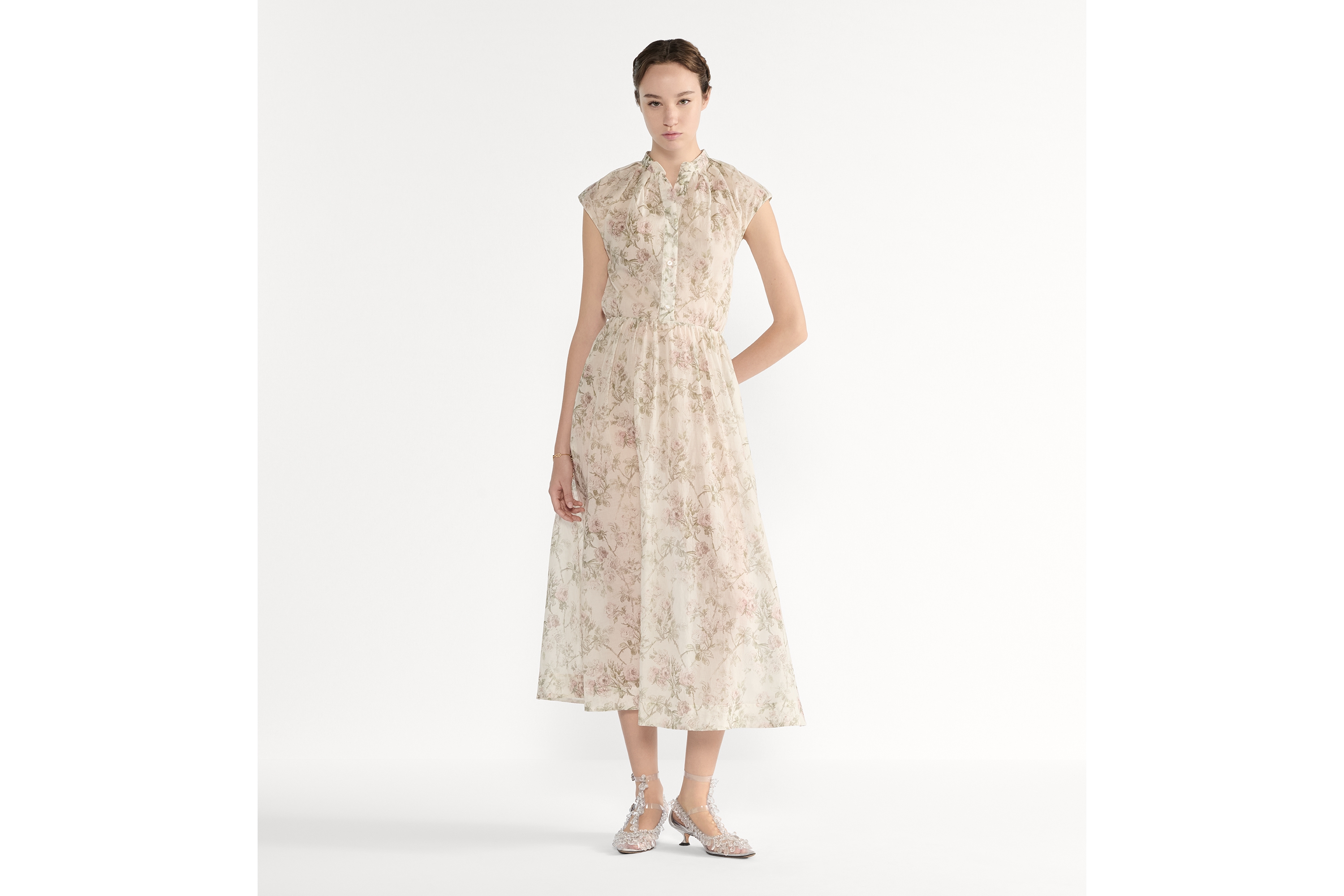 Look Mid-Length Shirtdress White Cotton Muslin with Multicolor Rosier de Dior Motif E01